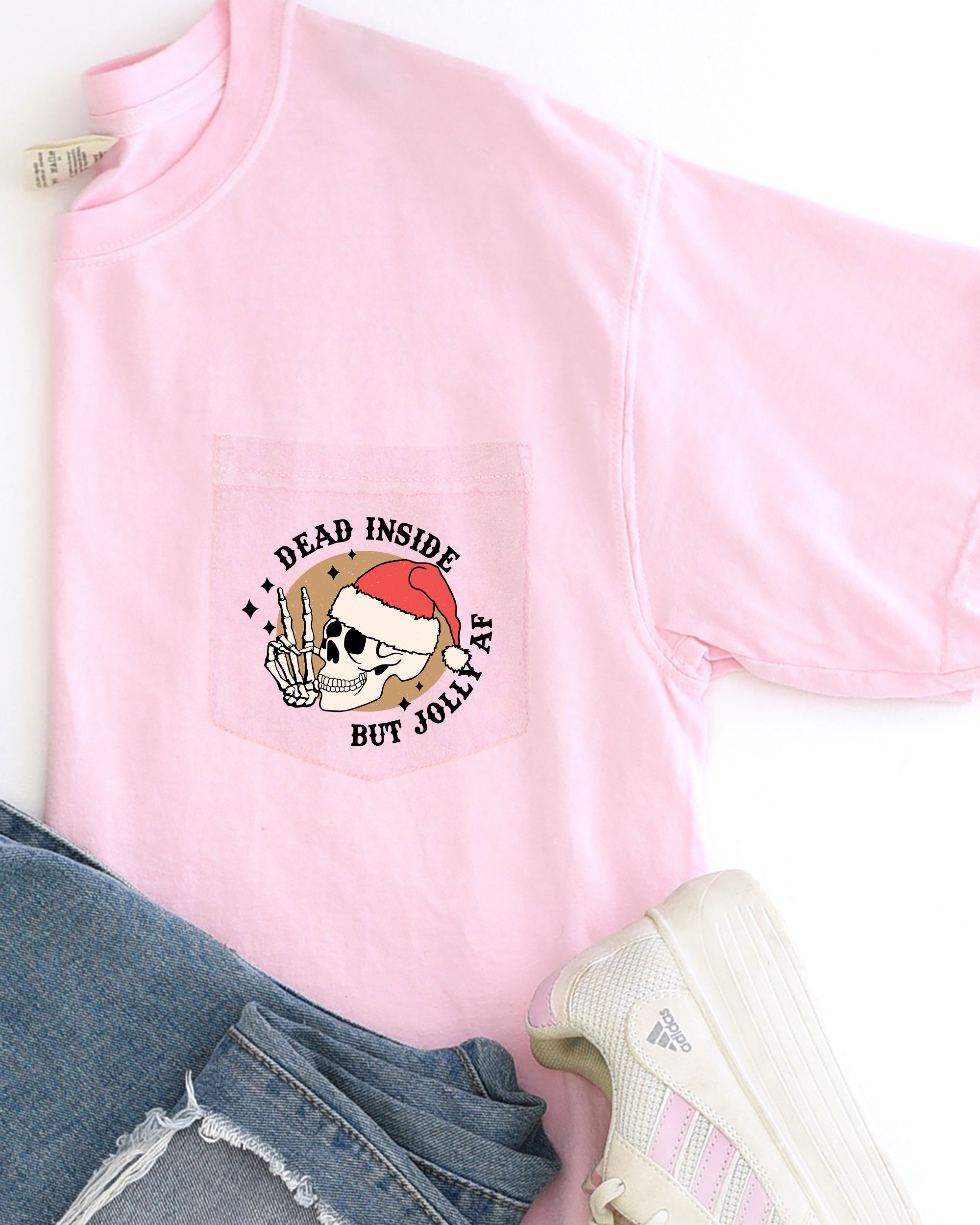 Dead Inside But Jolly Skeleton Santa Pocket With Snowy Winter Wonderland And Xmas Vibe Comfort Colors Tee