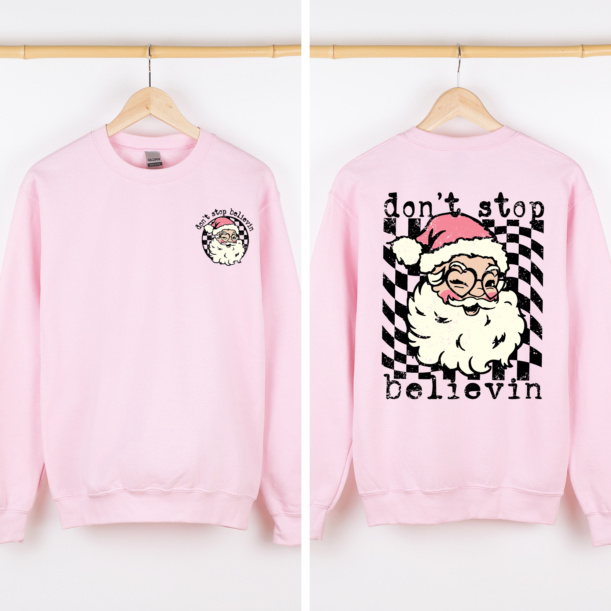 Don't Stop Believin Santa Christmas Checkered Vintage Front And Back Print Sweatshirt