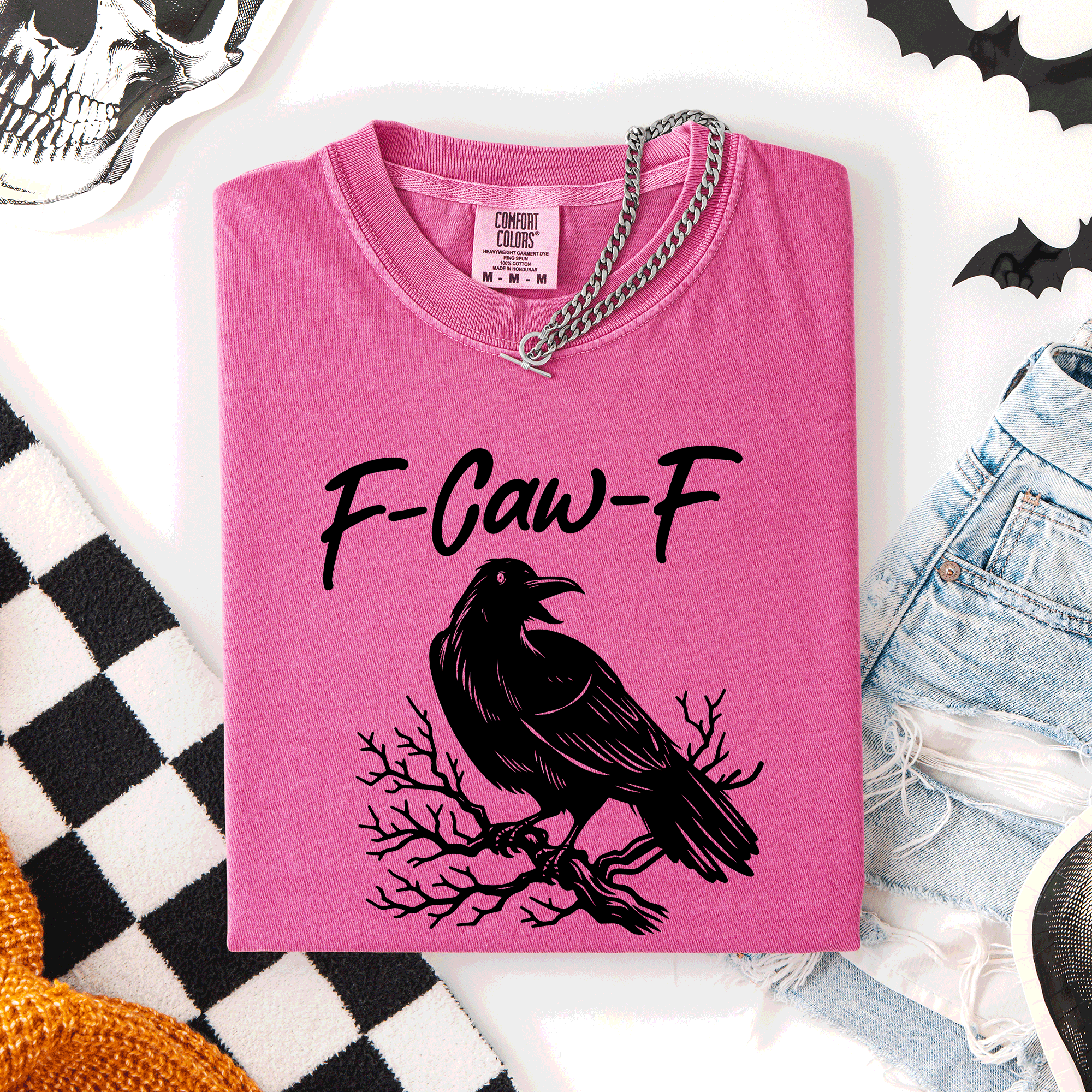 F Caw F Raven Crow Halloween Gothic Witch Spooky Nightfall Velvet Shadows Comfort Colors Tee