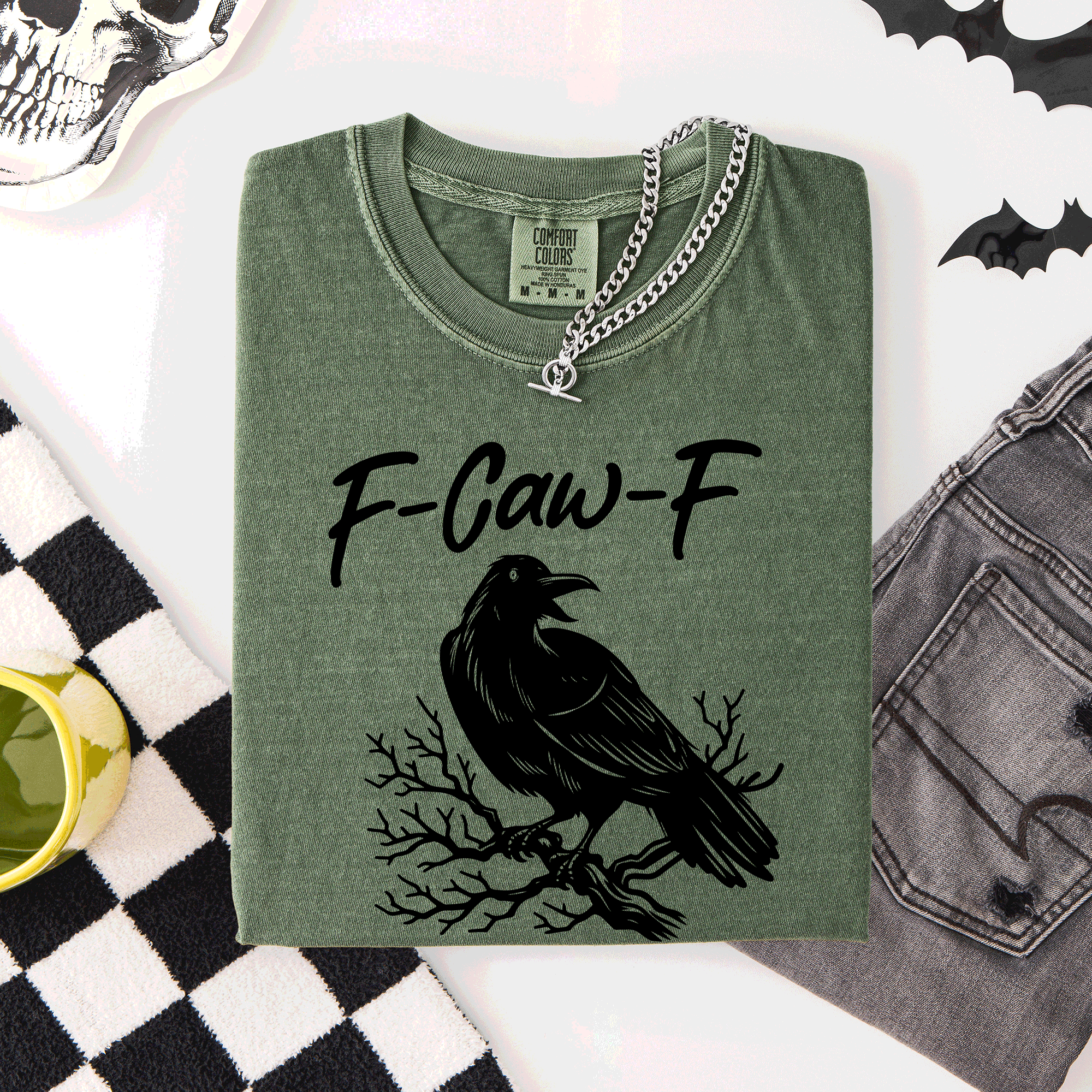 F Caw F Raven Crow Halloween Gothic Witch Spooky Nightfall Velvet Shadows Comfort Colors Tee