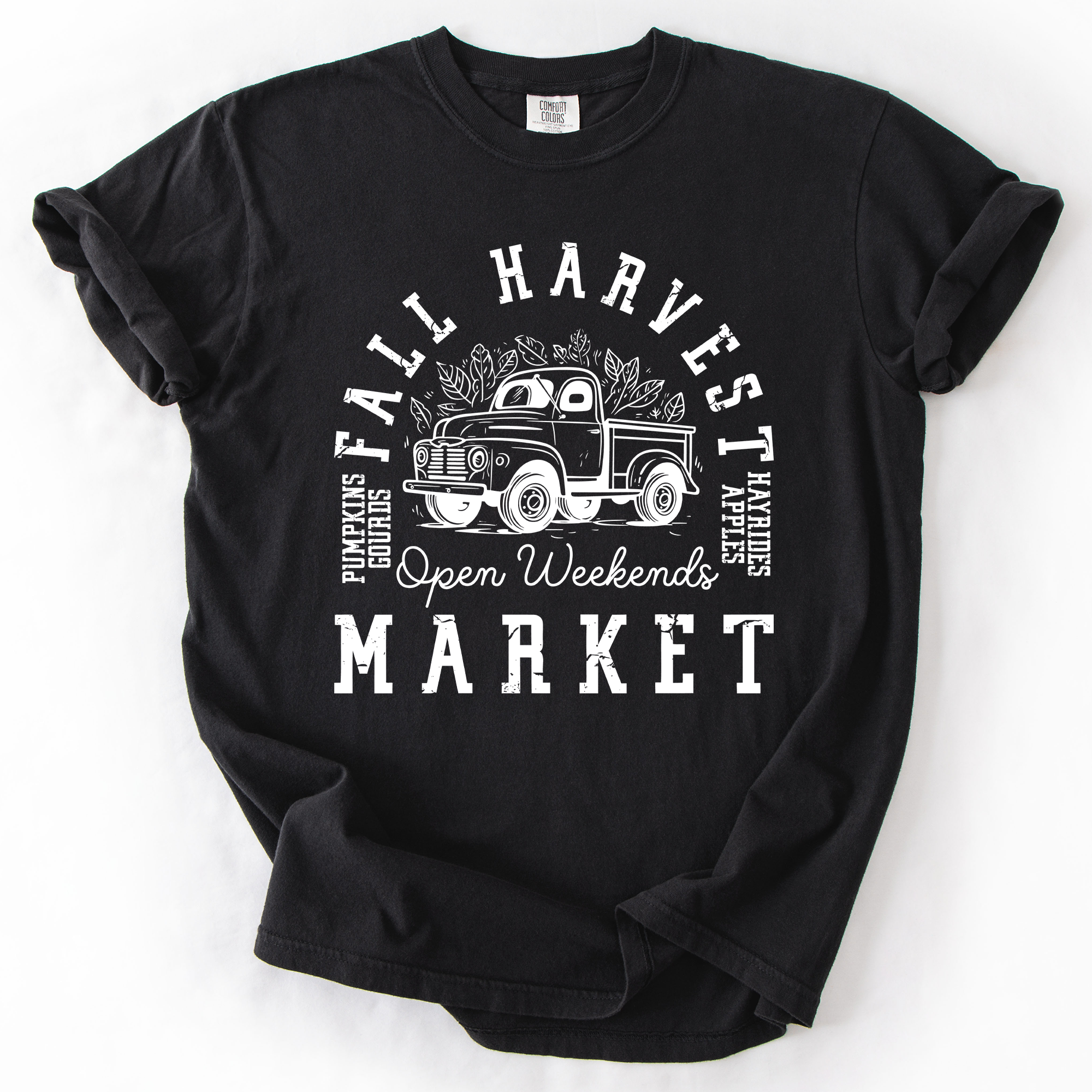 Fall Harvest Market Checkered Pumpkin Graphic Vintage Varsity Inspired Comfort Colors Tee