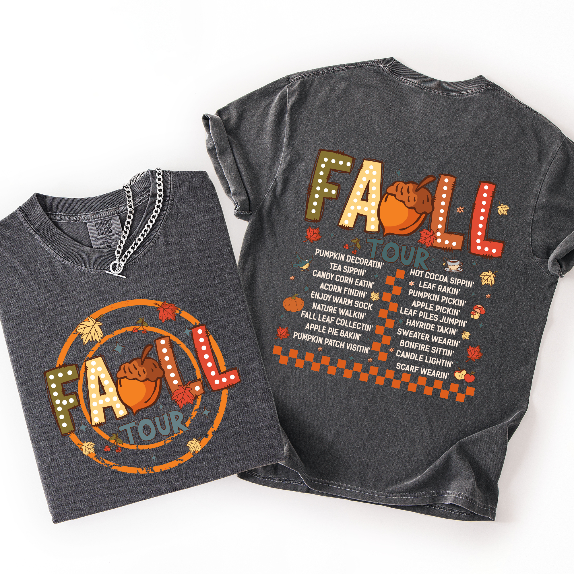 Fall Tour Front And Back Halloween Autumn Checkered Pumpkin Vintage Inspired Comfort Colors Tee