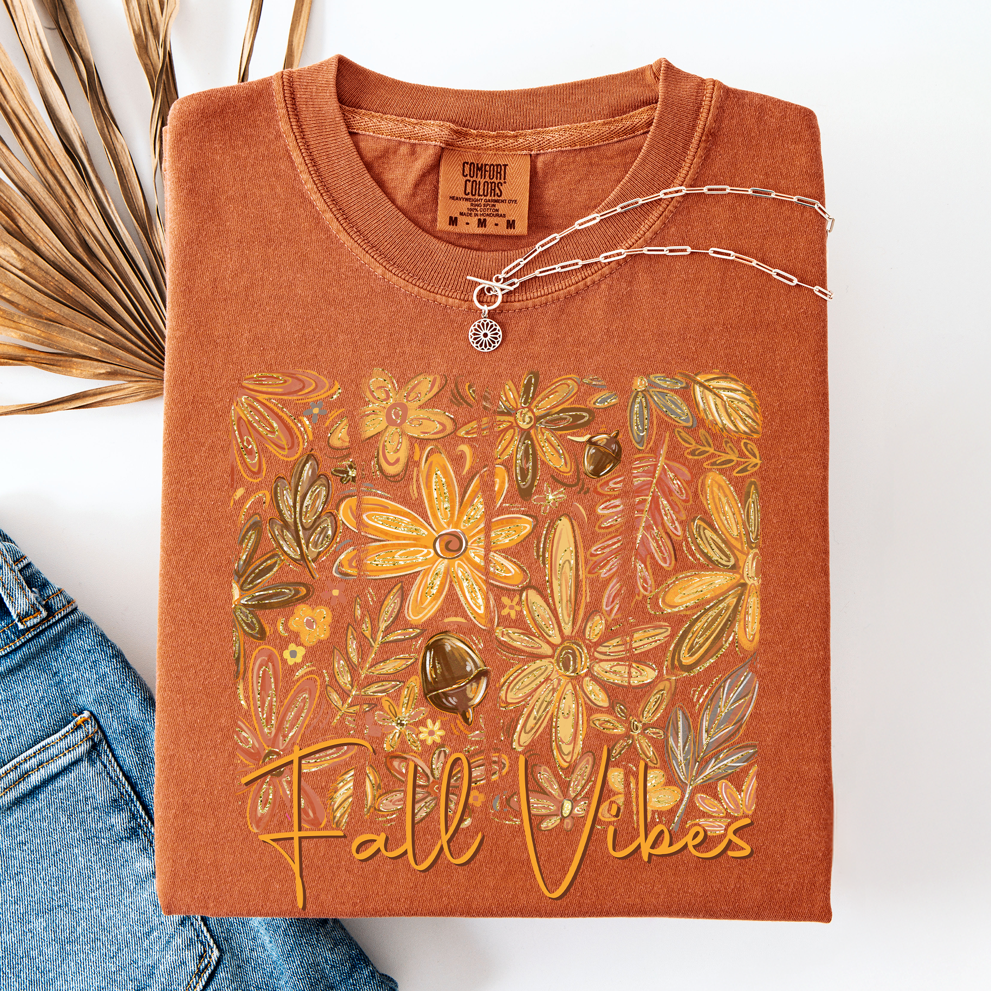 Fall Vibes Colorful Autumn Flowers Vintage Varsity Checkered Pumpkin Comfort Colors Tee