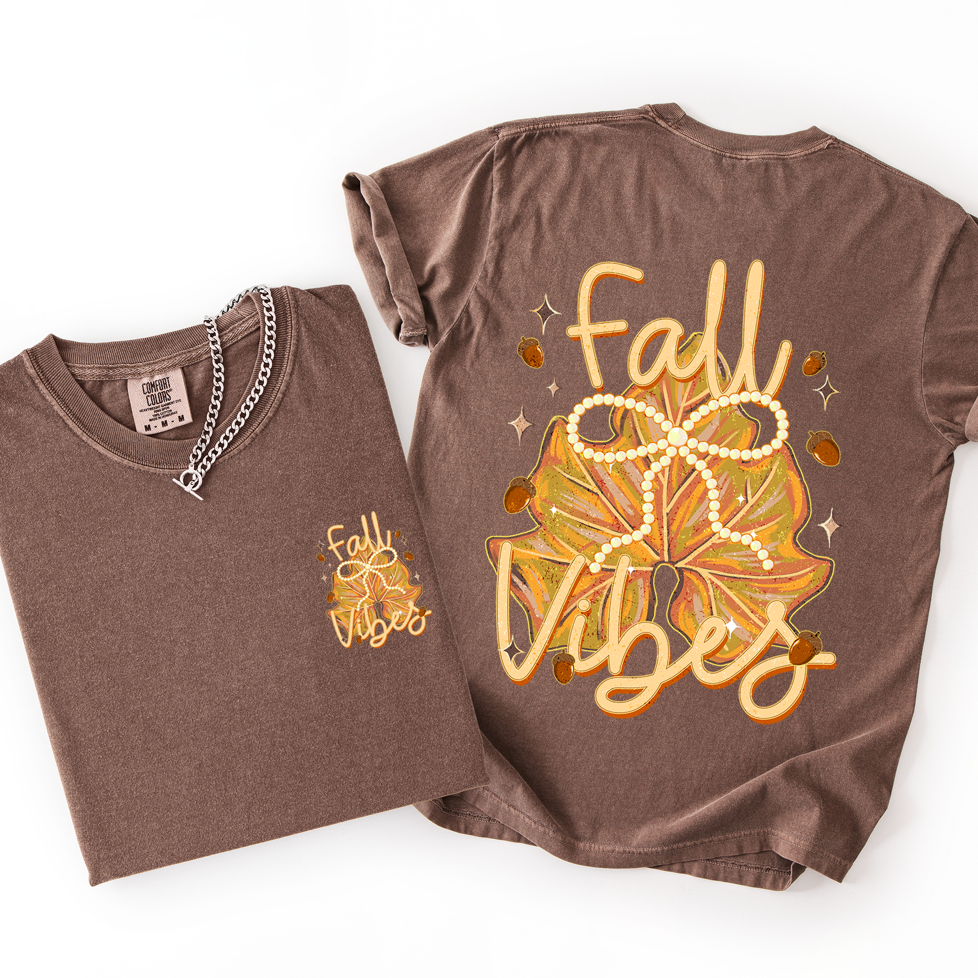 Fall Vibes Coquette Front And Back Leaves Autumn Vintage Inspired Retro Varsity Style Comfort Colors Tee
