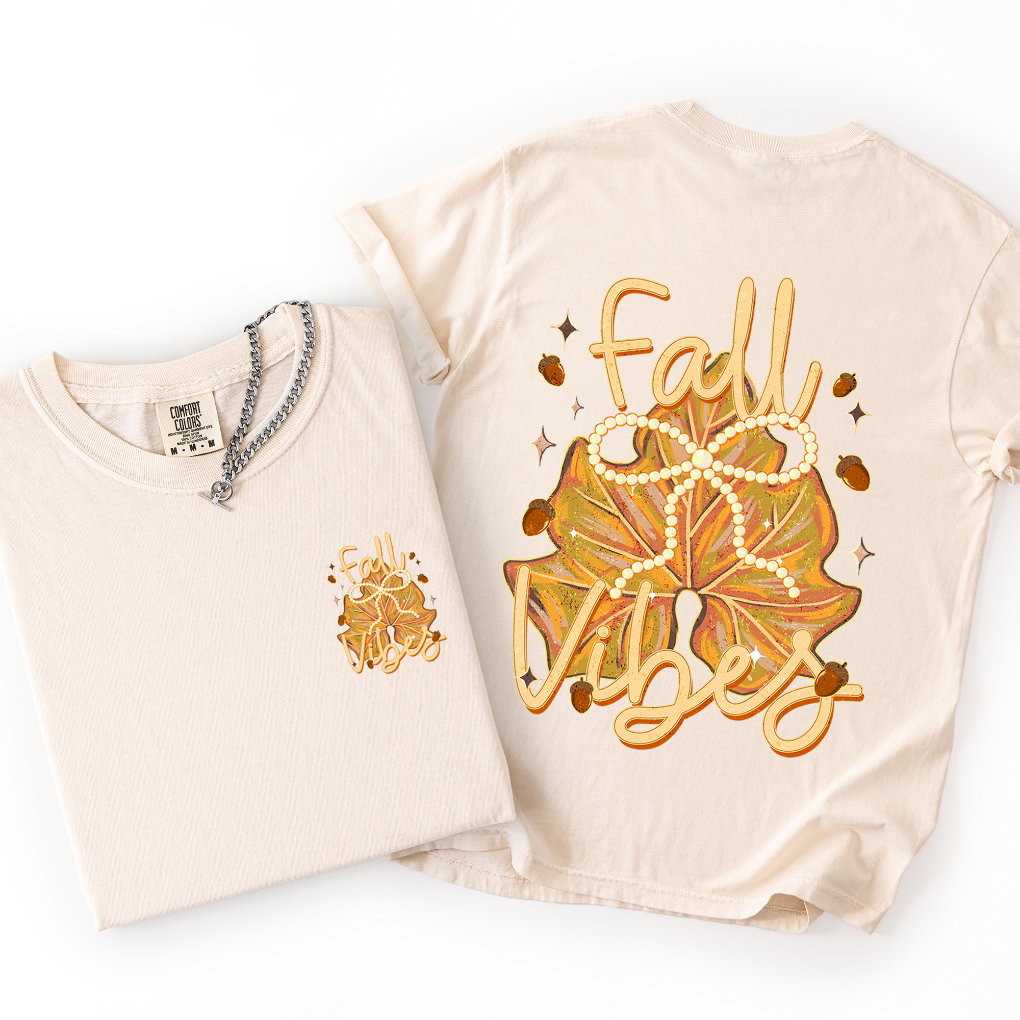 Fall Vibes Coquette Front And Back Leaves Autumn Vintage Inspired Retro Varsity Style Comfort Colors Tee