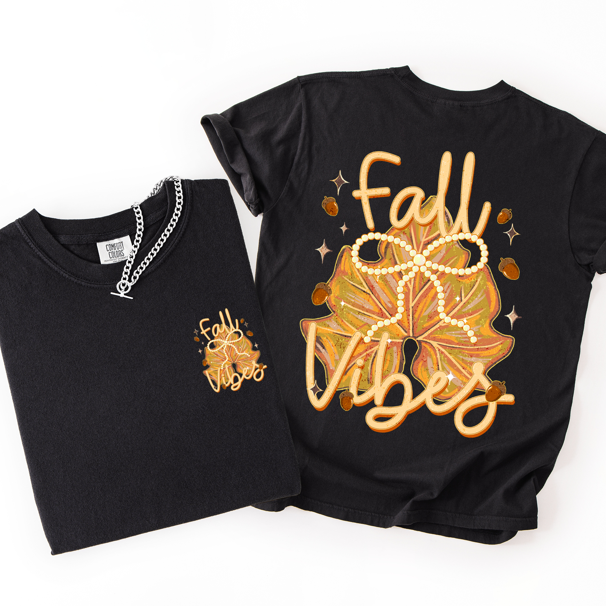 Fall Vibes Coquette Front And Back Leaves Autumn Vintage Inspired Retro Varsity Style Comfort Colors Tee