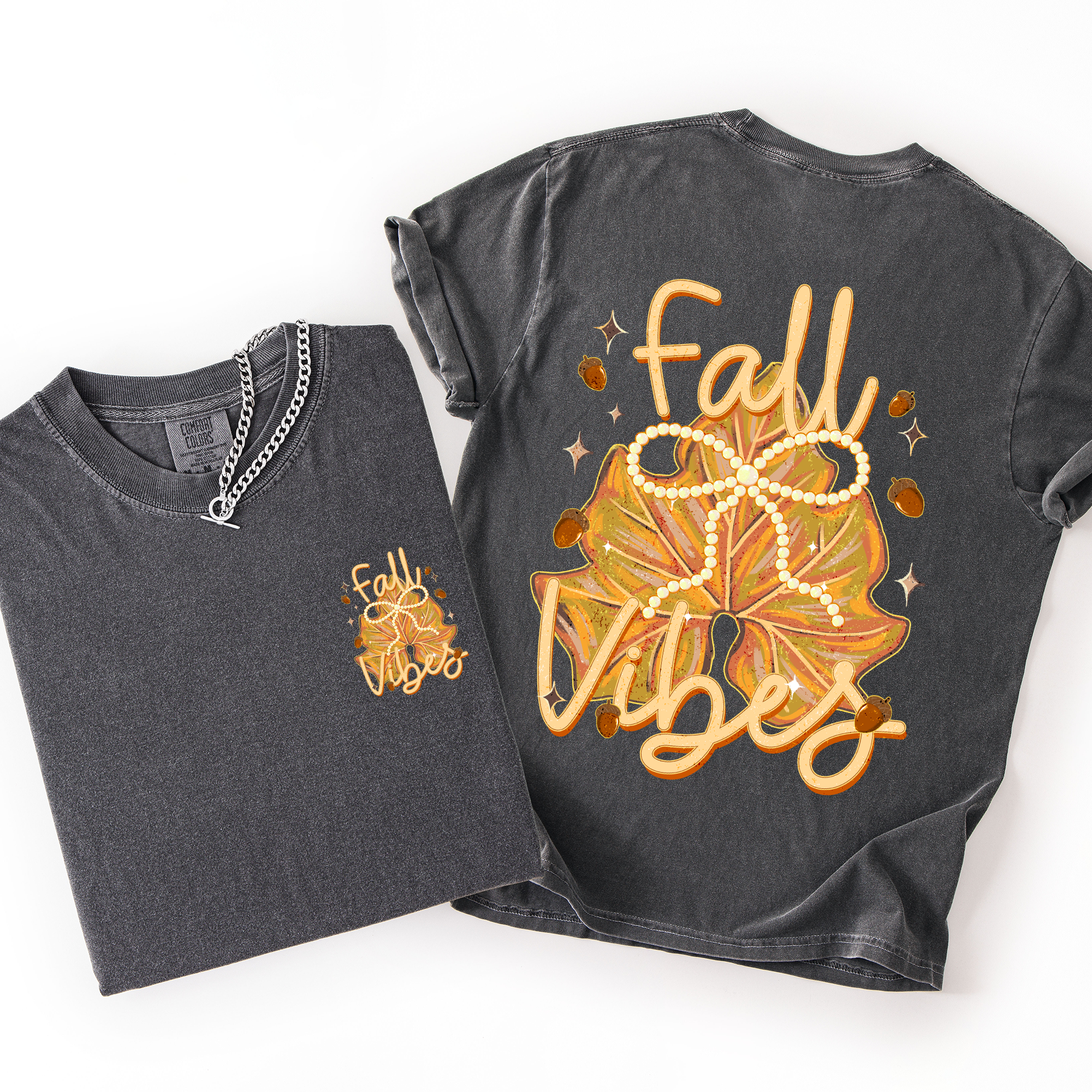 Fall Vibes Coquette Front And Back Leaves Autumn Vintage Inspired Retro Varsity Style Comfort Colors Tee