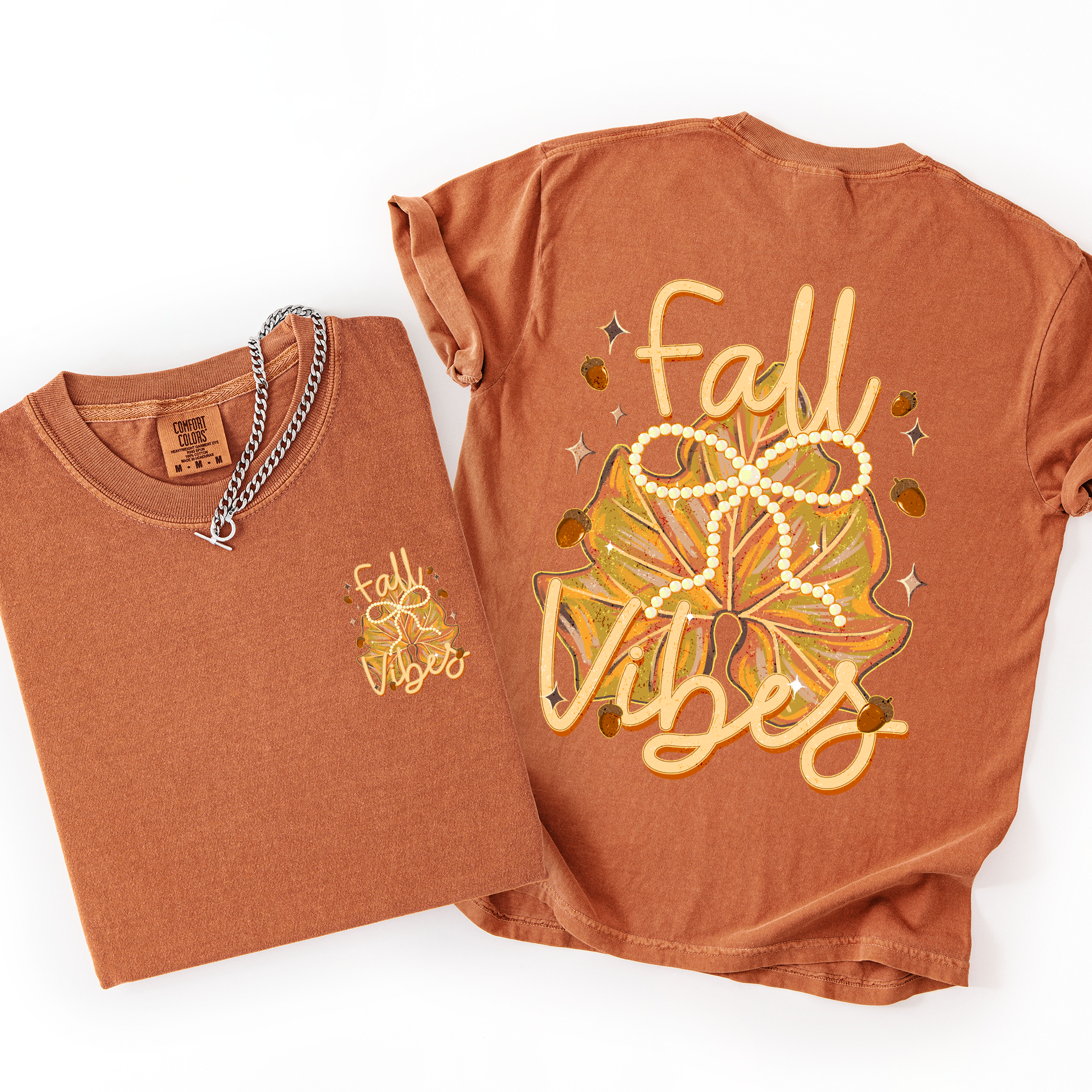 Fall Vibes Coquette Front And Back Leaves Autumn Vintage Inspired Retro Varsity Style Comfort Colors Tee