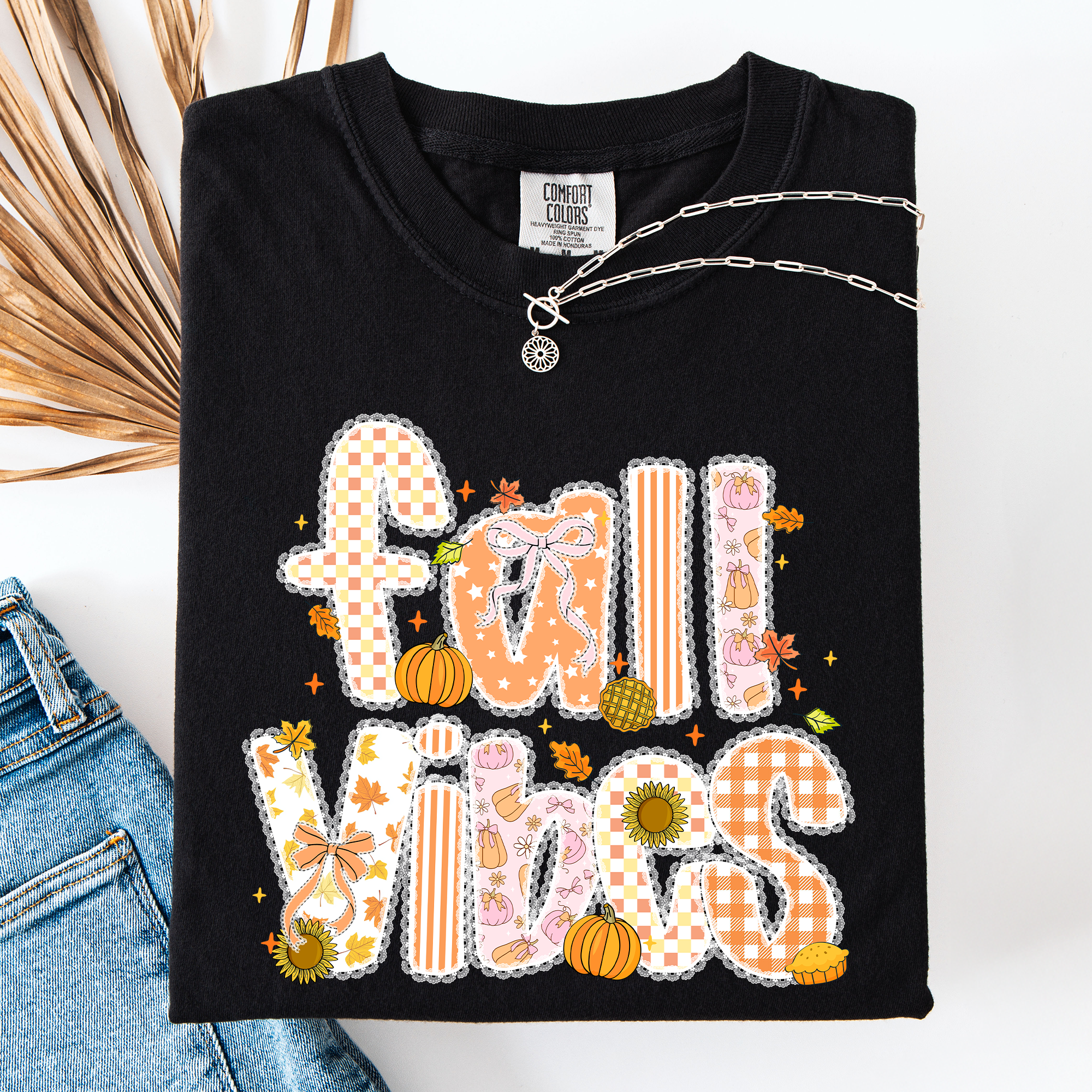 Fall Vibes Floral Stripes Pumpkin Motif Vintage Varsity Style Edition Comfort Colors Tee