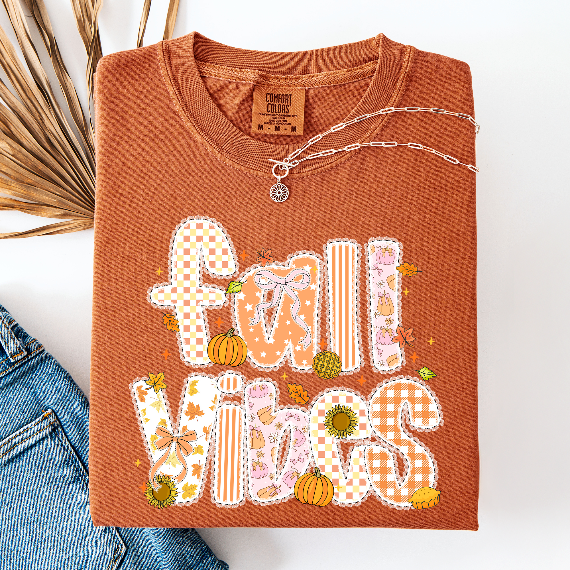 Fall Vibes Floral Stripes Pumpkin Motif Vintage Varsity Style Edition Comfort Colors Tee