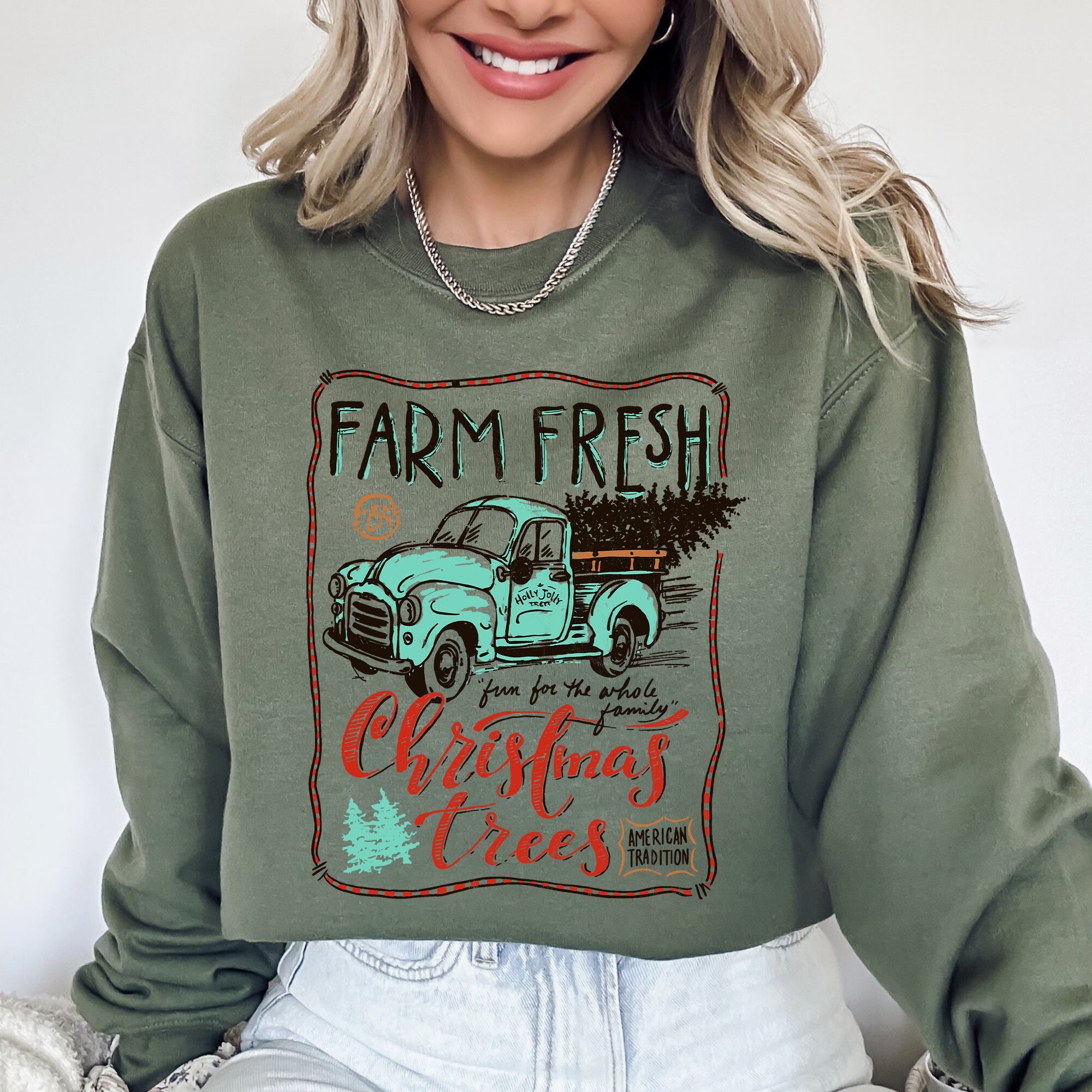 Farm Fresh Christmas Trees Vintage Retro Santa Winter Xmas Festive Holiday Decor Sweatshirt