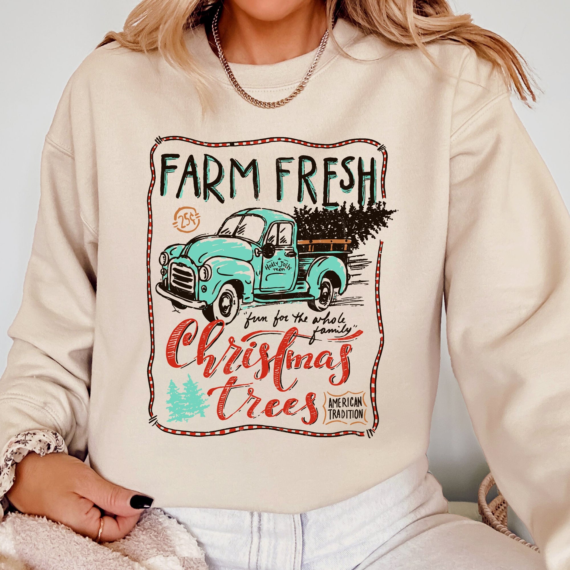 Farm Fresh Christmas Trees Vintage Retro Santa Winter Xmas Festive Holiday Decor Sweatshirt