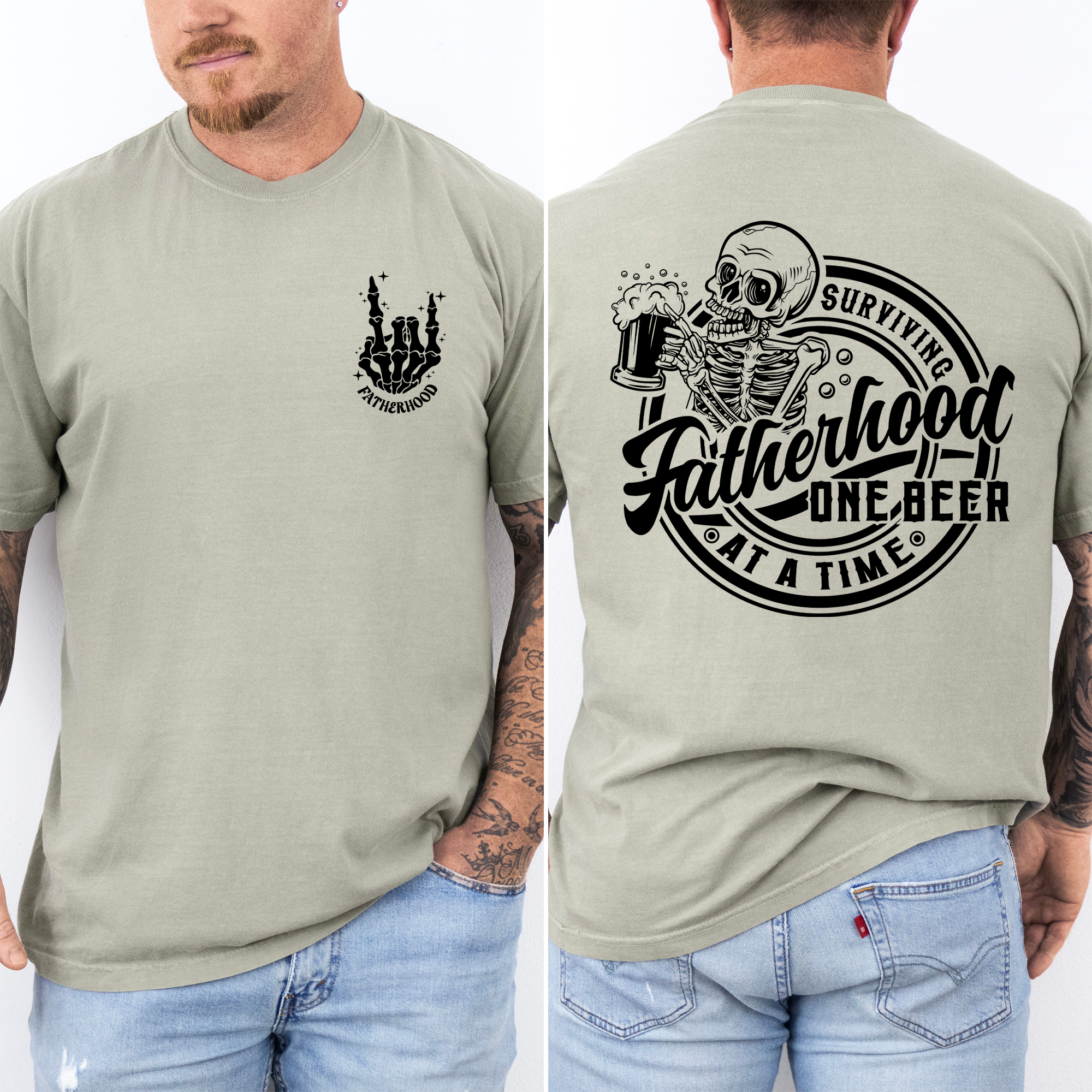 Fatherhood One Beer At A Time Skeleton Dad Humor Father's Day Comfort Colors Tee