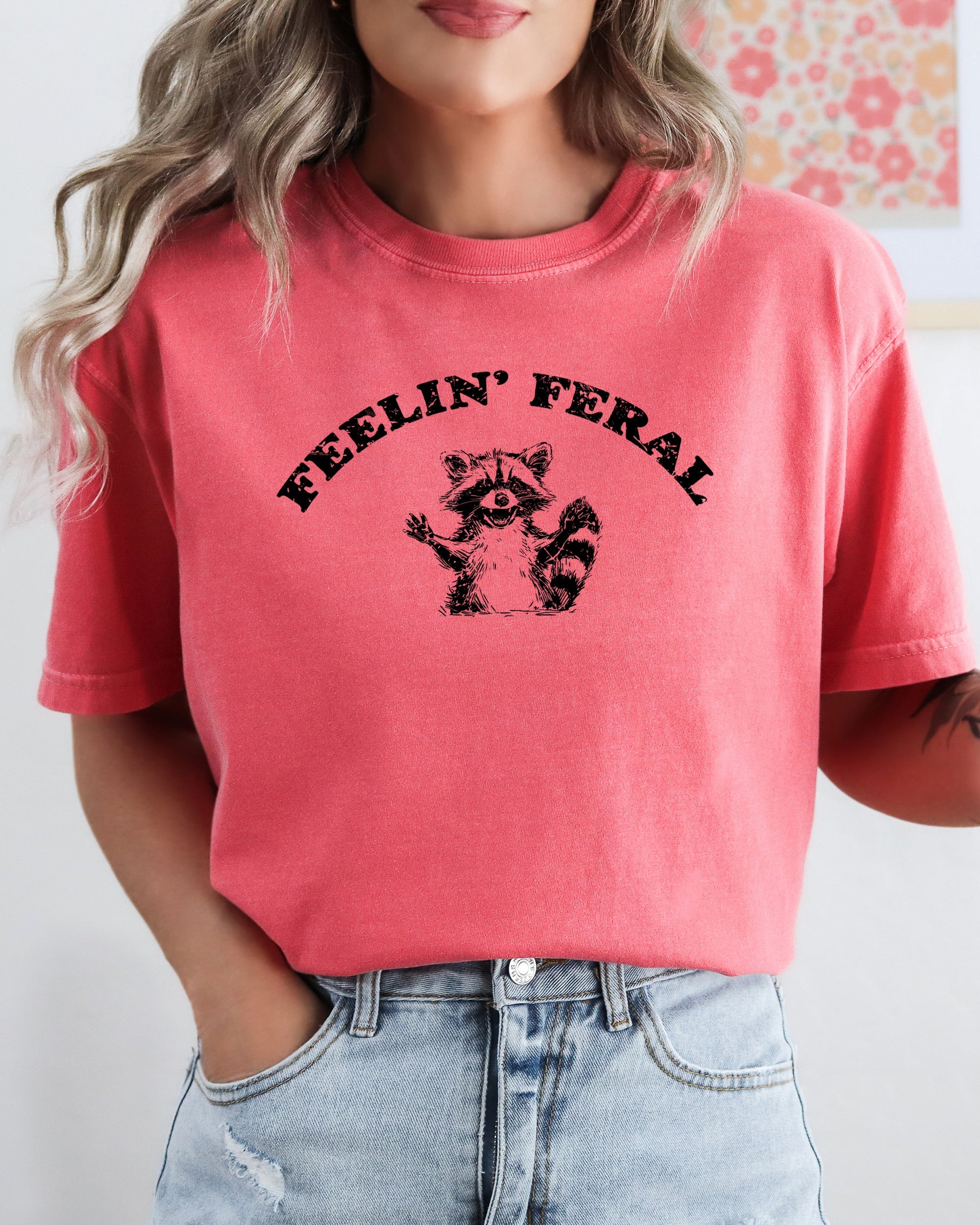 Feelin Feral Raccoon Aesthetic Trendy Humorous Playful Illustrative Comfort Colors Tee