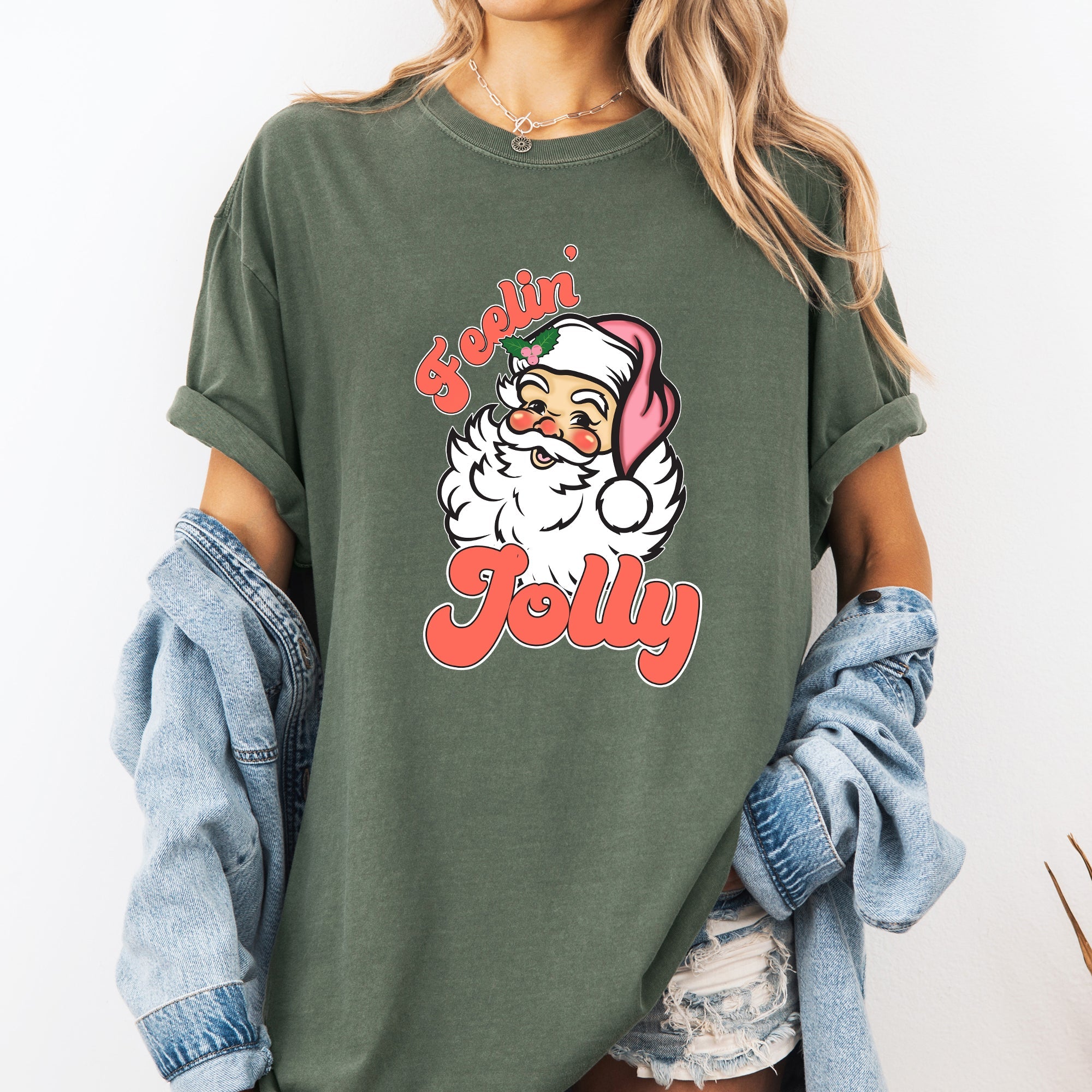 Feelin Jolly Retro Santa Christmas Classic Vintage Xmas Holiday Art Edition Comfort Colors Tee