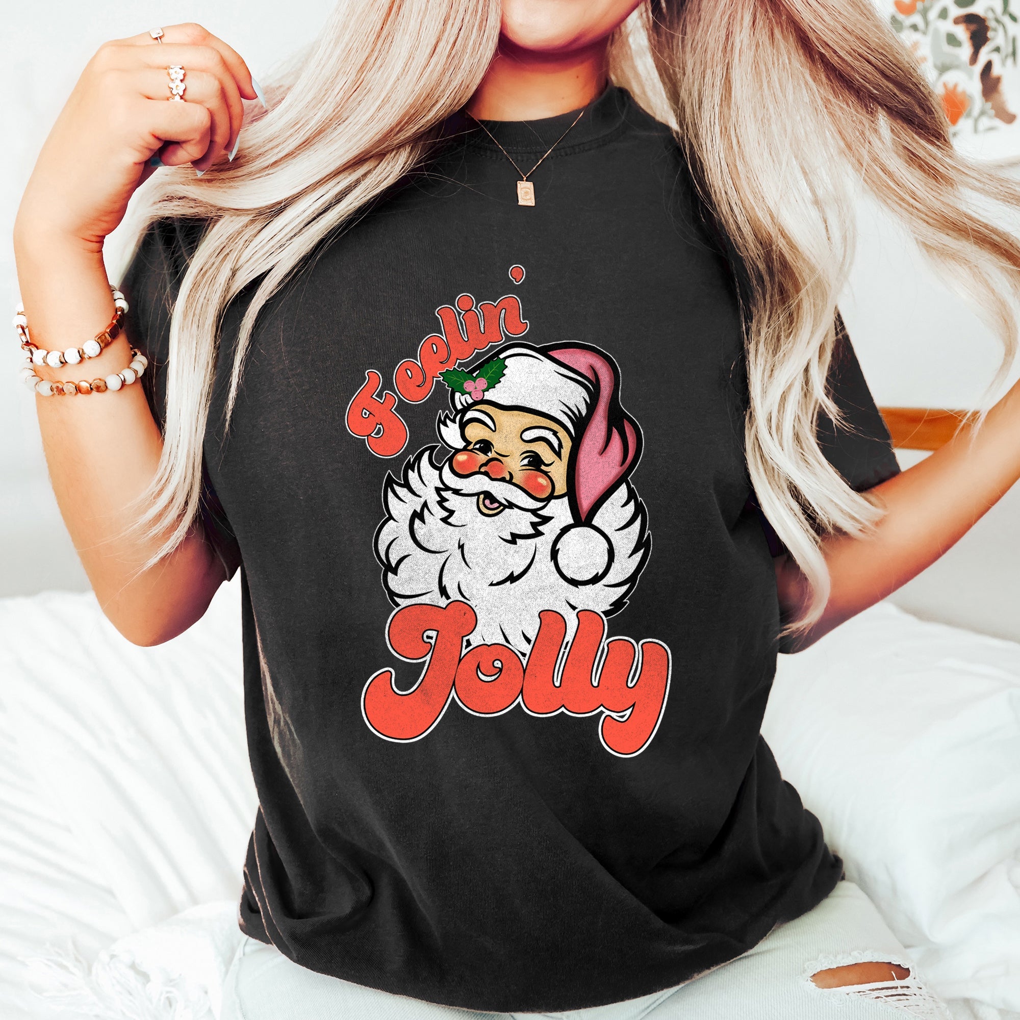 Feeling Jolly Retro Santa Christmas Classic Vintage Holiday Print Comfort Colors Tee