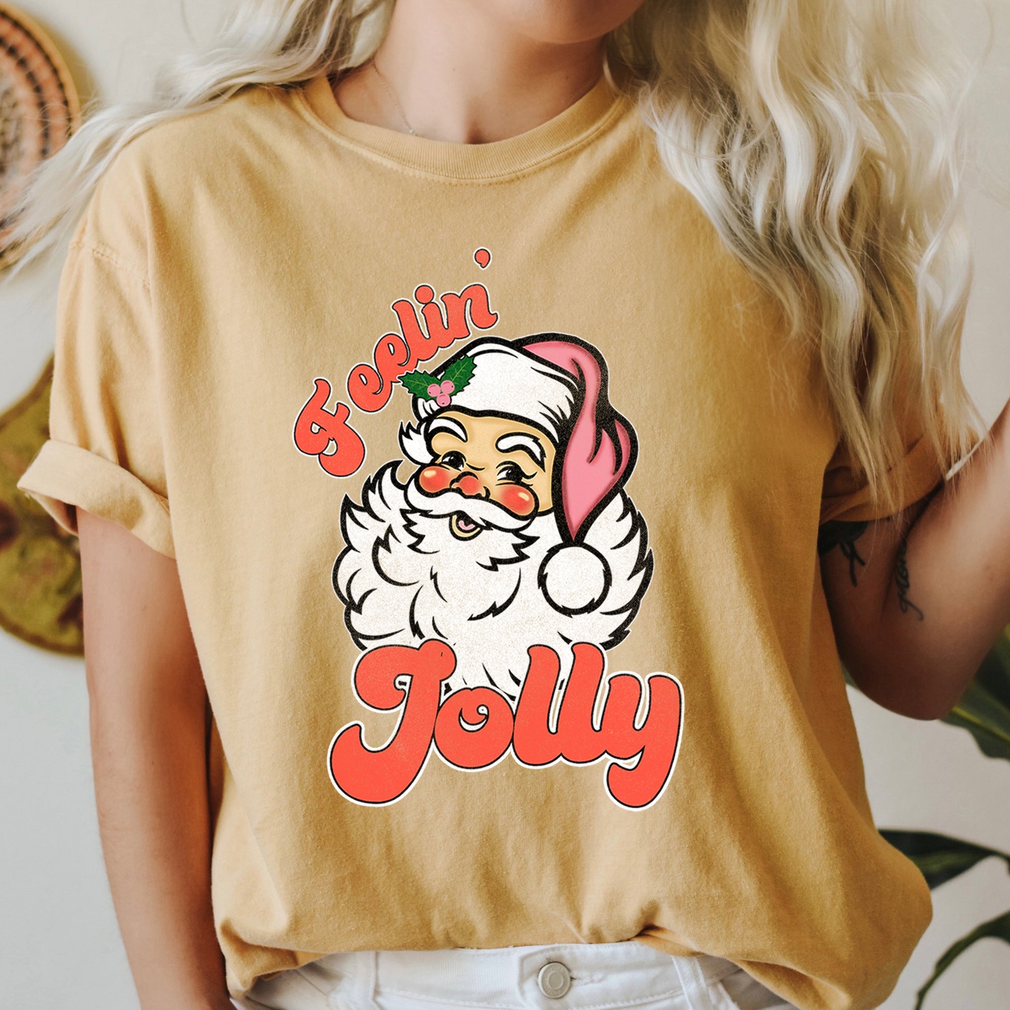 Feeling Jolly Retro Santa Christmas Classic Vintage Holiday Print Comfort Colors Tee