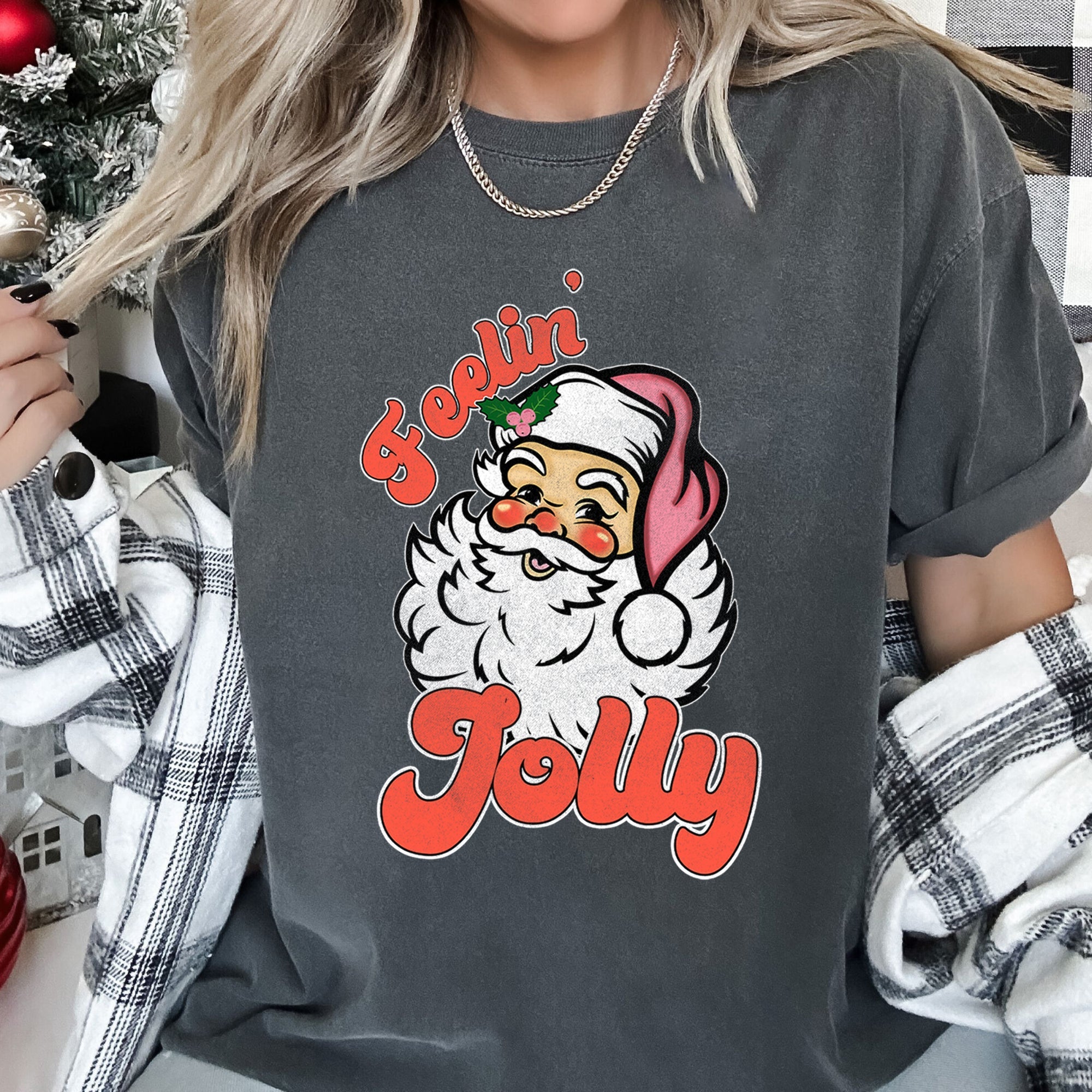 Feeling Jolly Retro Santa Christmas Classic Vintage Holiday Print Comfort Colors Tee