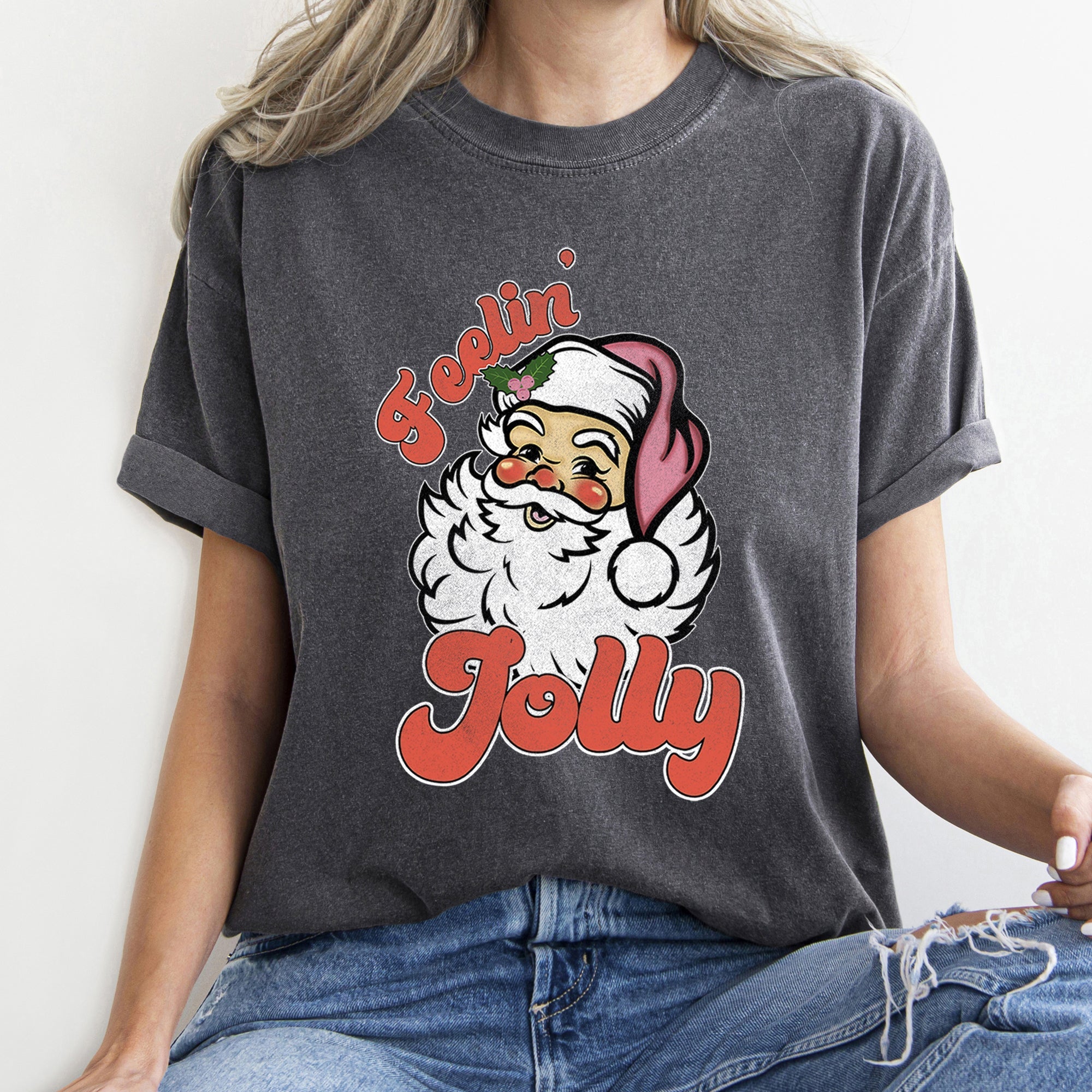 Feeling Jolly Retro Santa Christmas Classic Vintage Holiday Print Comfort Colors Tee