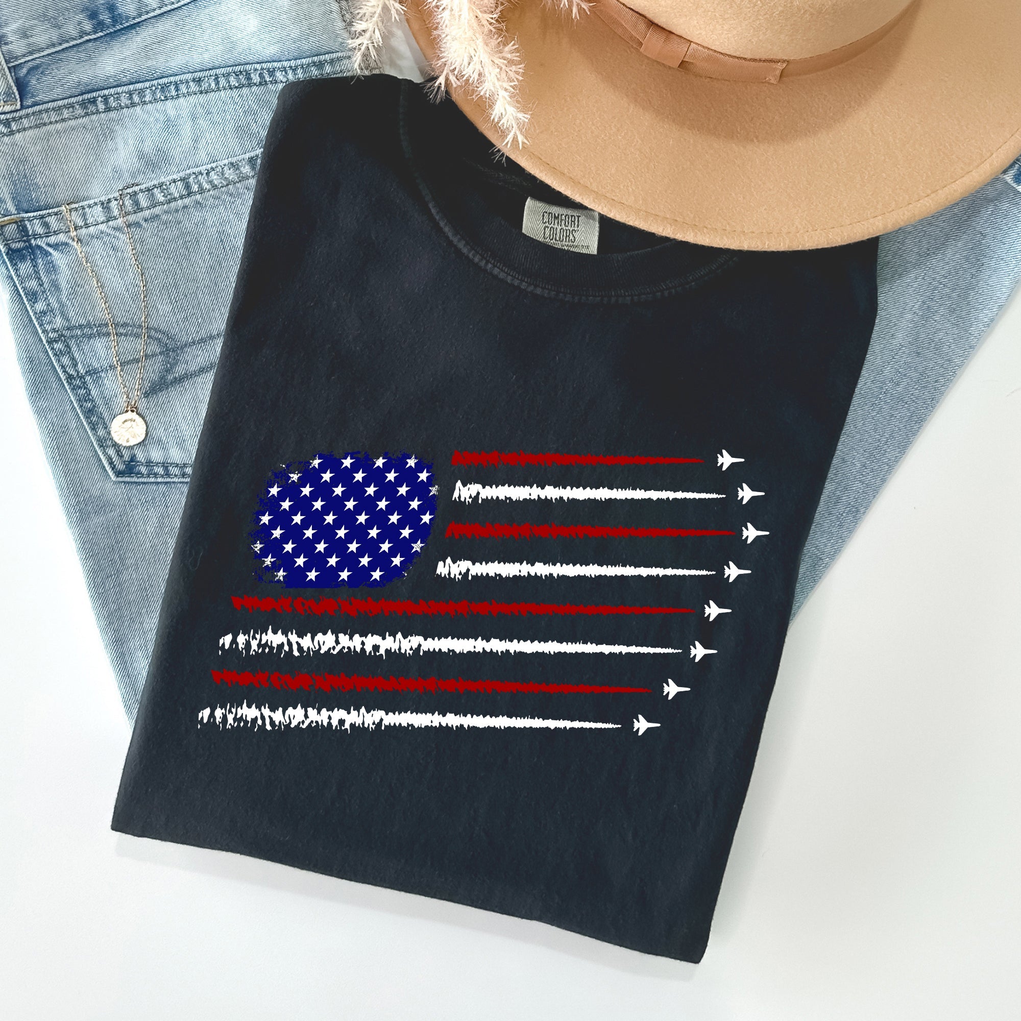 Fighter Jets Navy Air Force American Flag Military Graphic Vintage Style Comfort Colors Tee