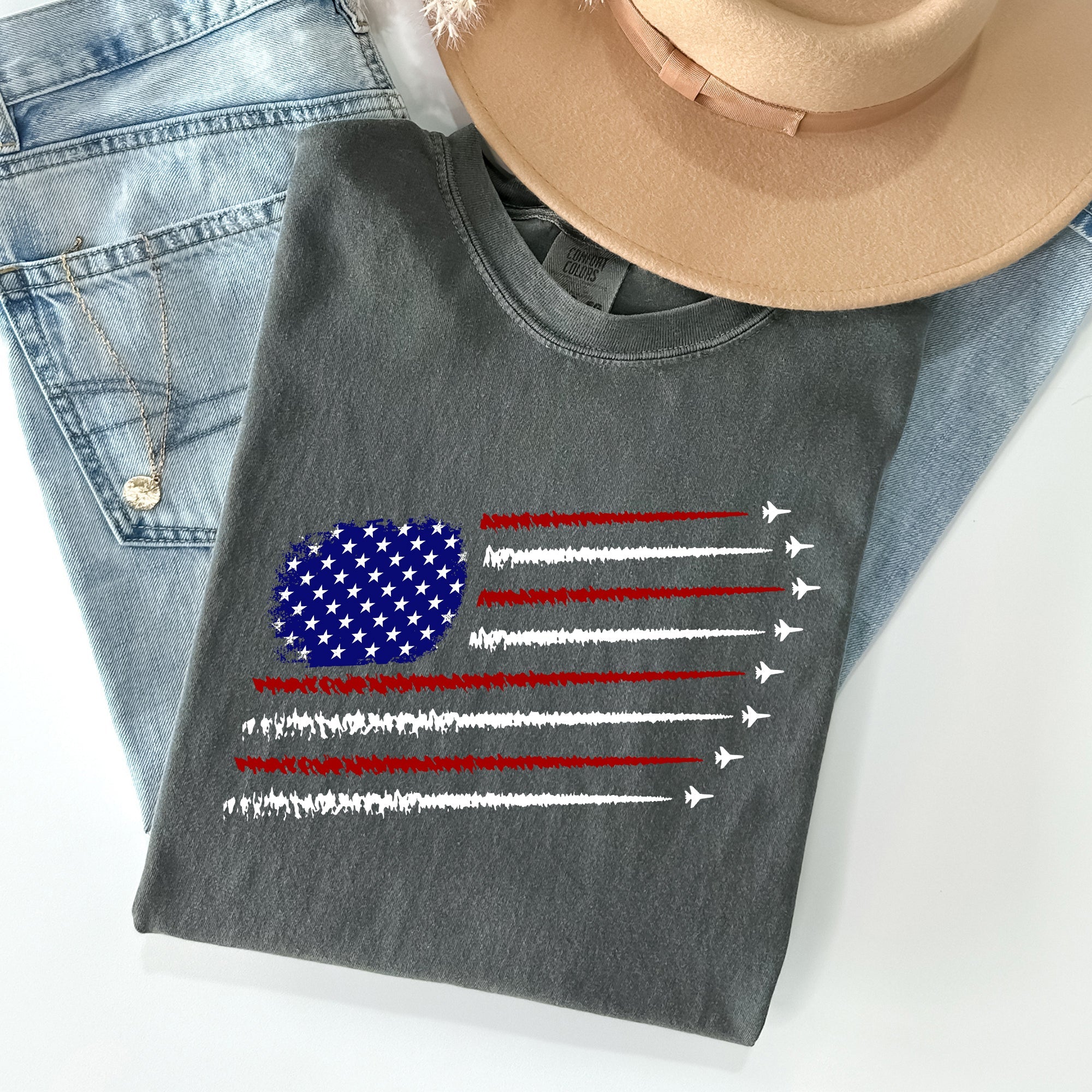 Fighter Jets Navy Air Force American Flag Military Graphic Vintage Style Comfort Colors Tee