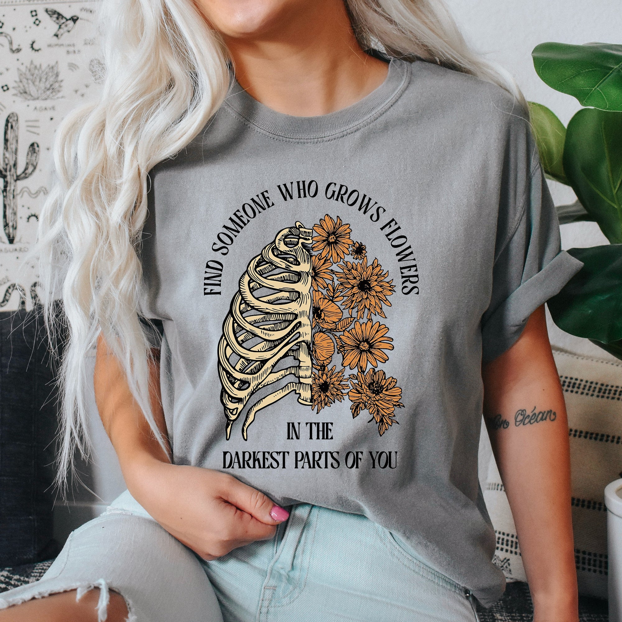 Find Someone Who Grows Flowers Skeleton Cowgirl Graphic Illustration Comfort Colors Tee