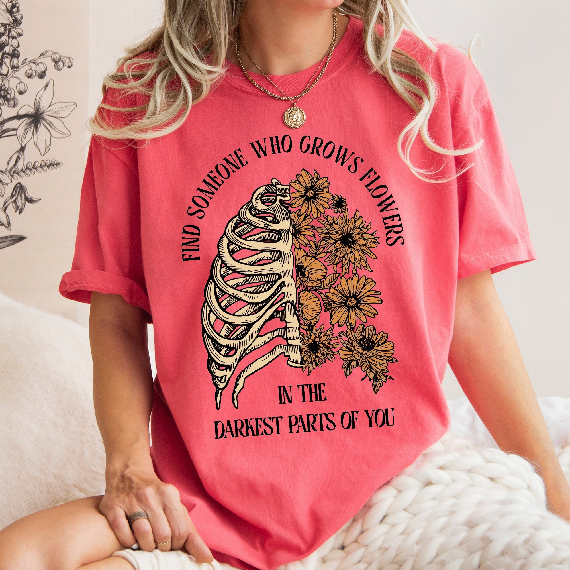 Find Someone Who Grows Flowers Skeleton Cowgirl Graphic Illustration Comfort Colors Tee