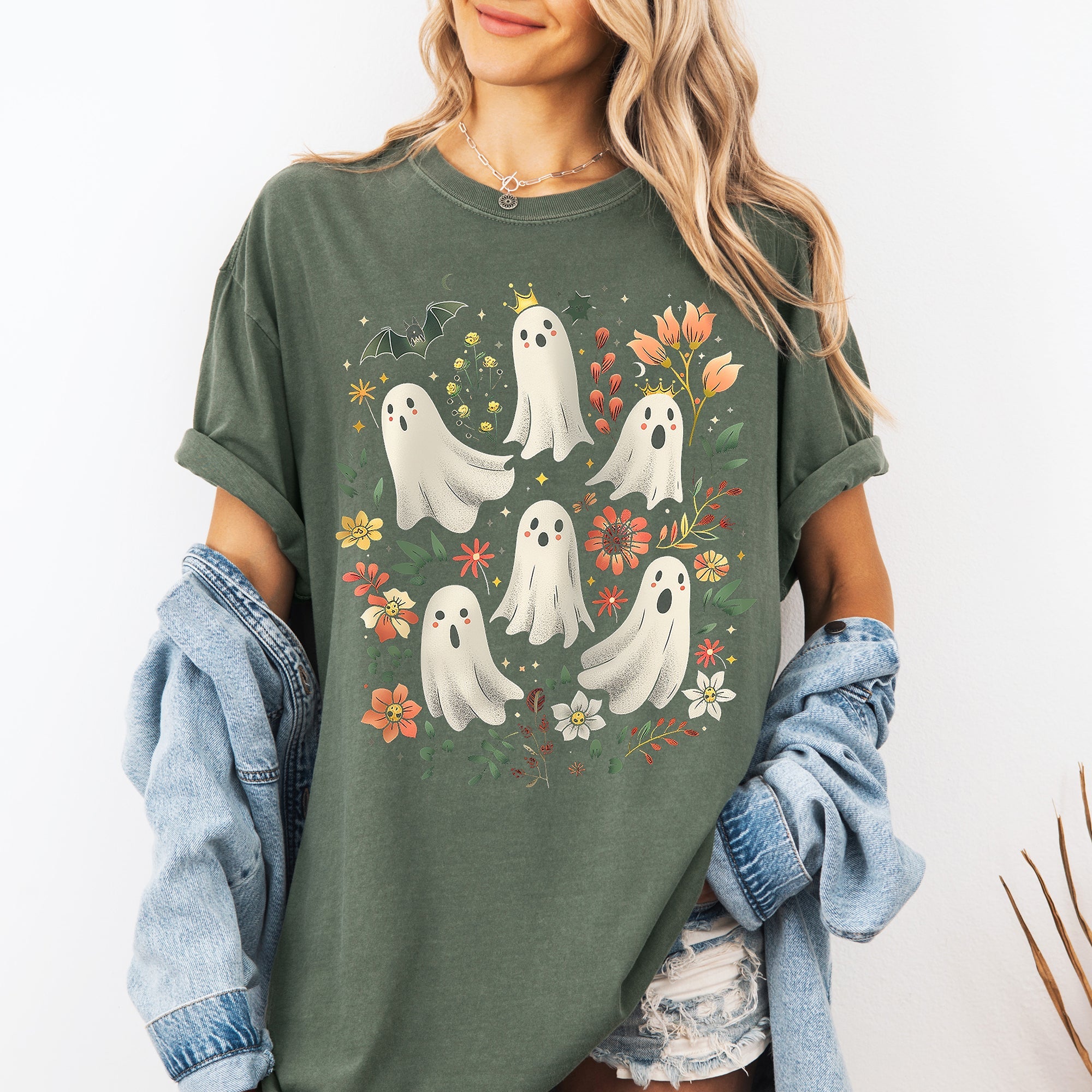 Floral Ghosts Beautiful Halloween Coquette Girly Autumn Vintage Cozy Comfort Colors Tee