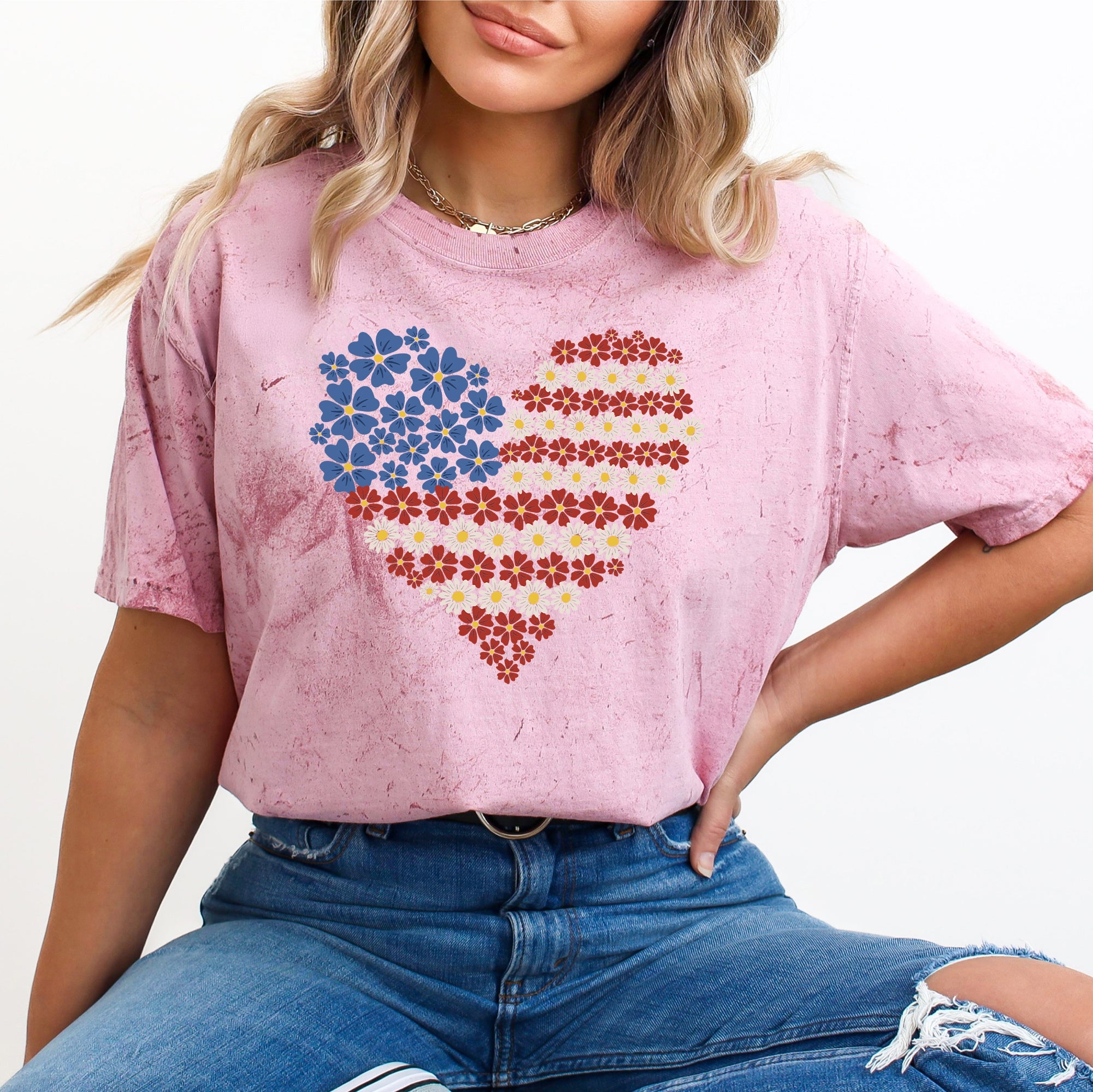 Floral Heart Patriotic Color Blast USA 4th Of July Vintage Americana Graphic Elements Comfort Colors Tee