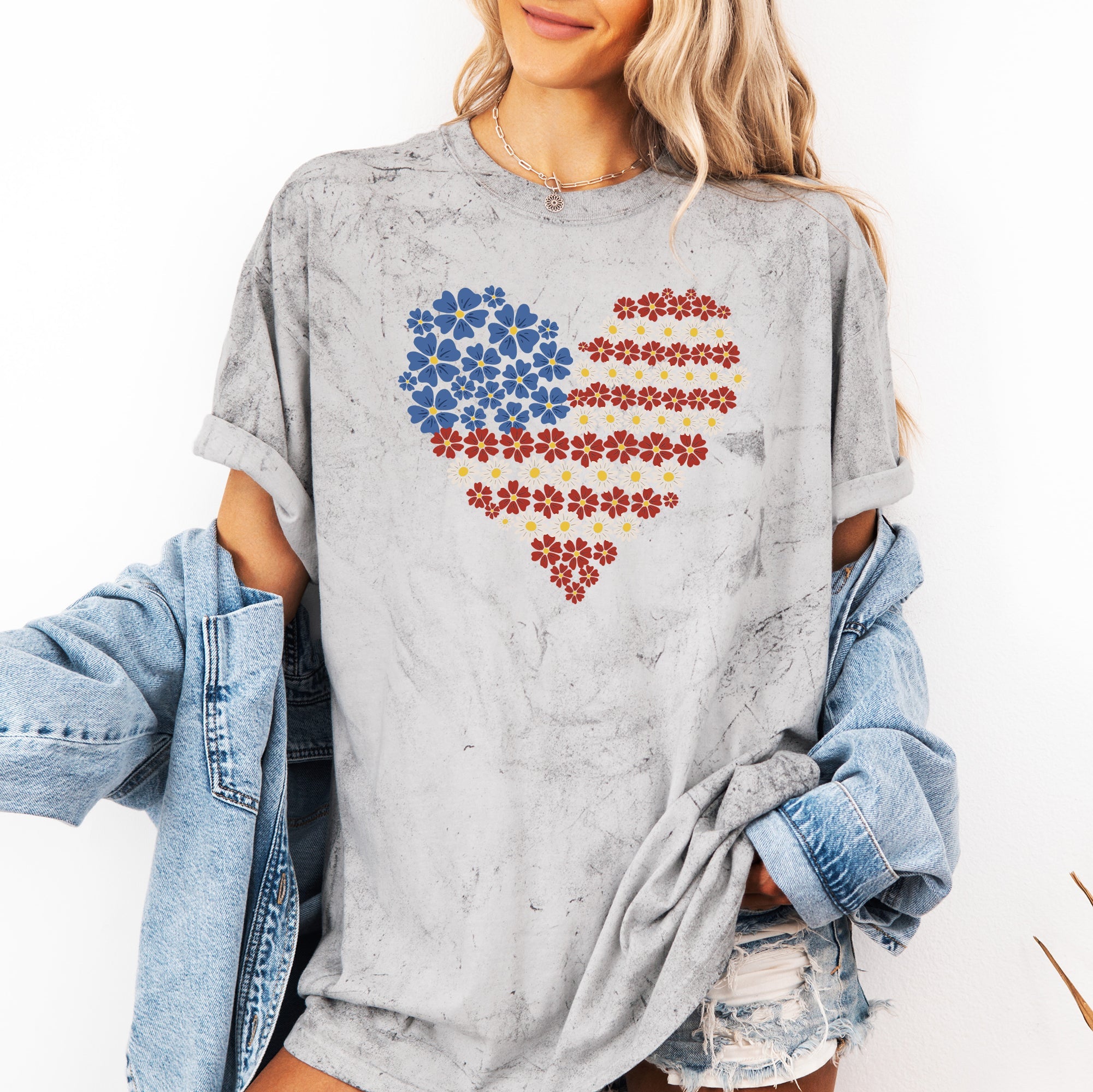 Floral Heart Patriotic Color Blast USA 4th Of July Vintage Americana Graphic Elements Comfort Colors Tee