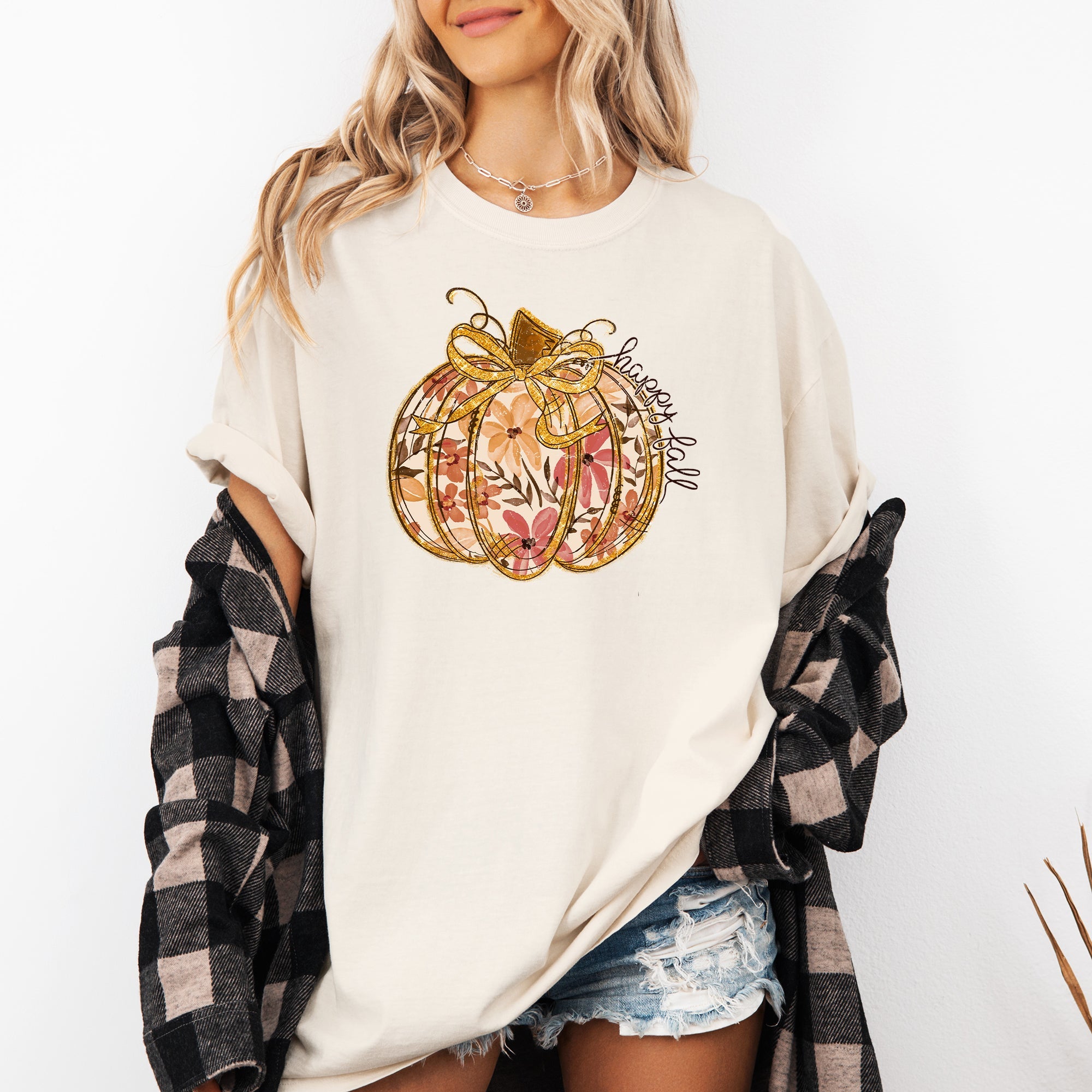 Floral Pumpkin Happy Fall Flowers Autumn Thanksgiving Harvest Seasonal Design Comfort Colors Tee