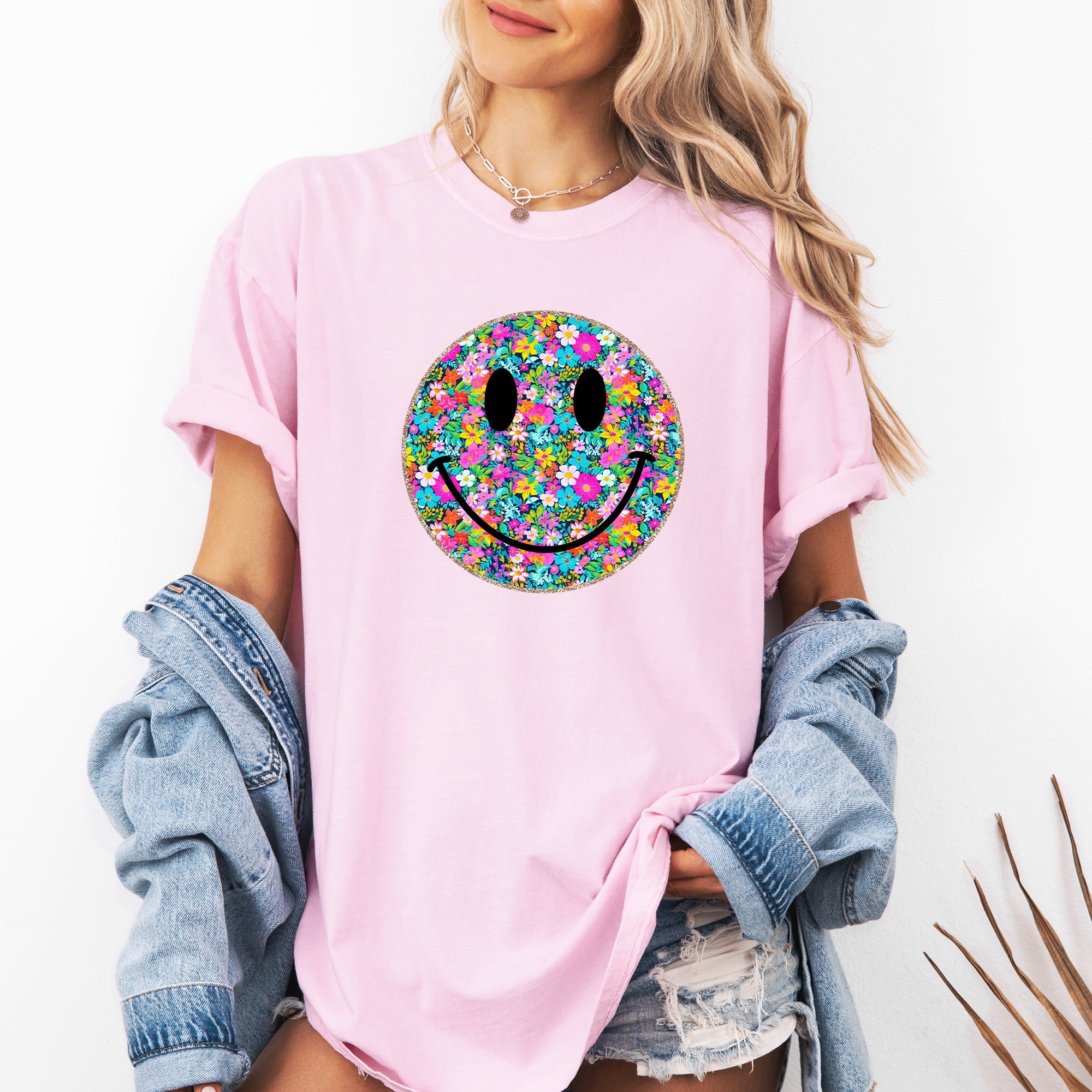 Floral Smiley Face Retro Summer Flowers Vintage Sunshine Haze Graphic Comfort Colors Tee
