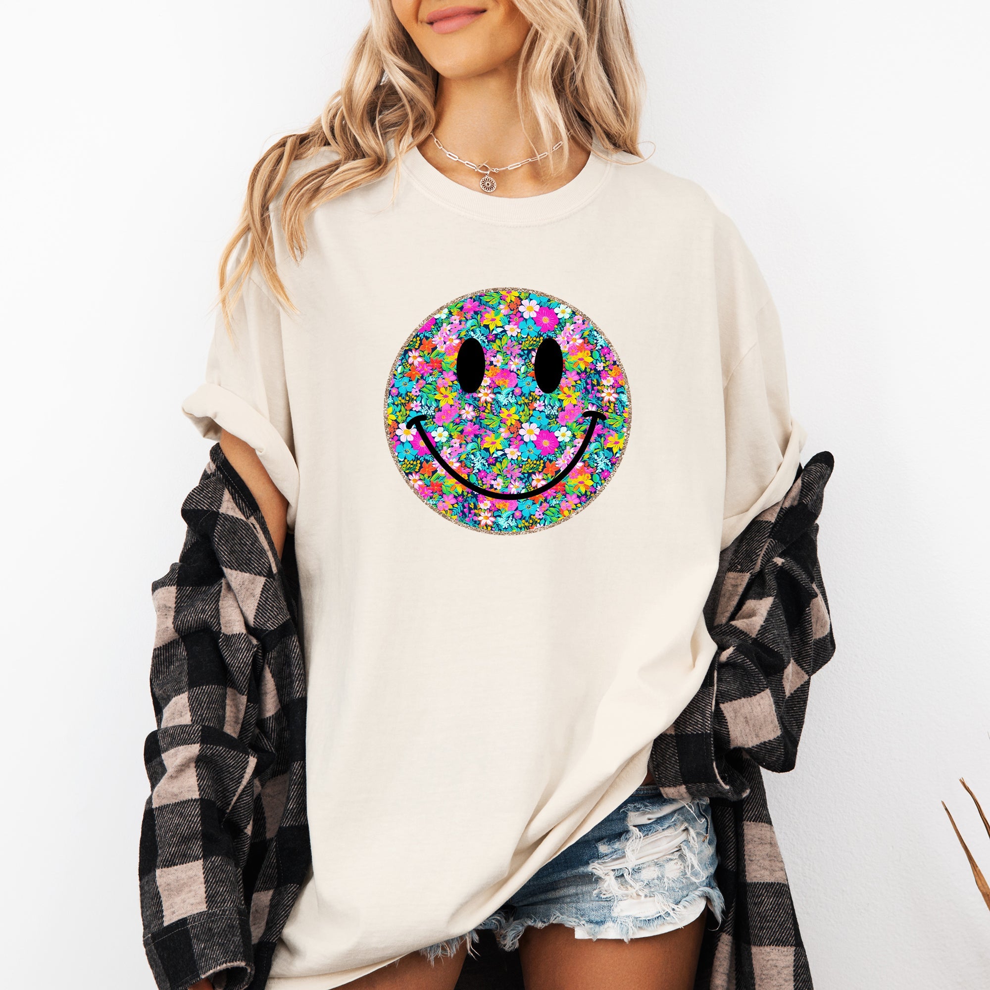 Floral Smiley Face Retro Summer Flowers Vintage Sunshine Haze Graphic Comfort Colors Tee