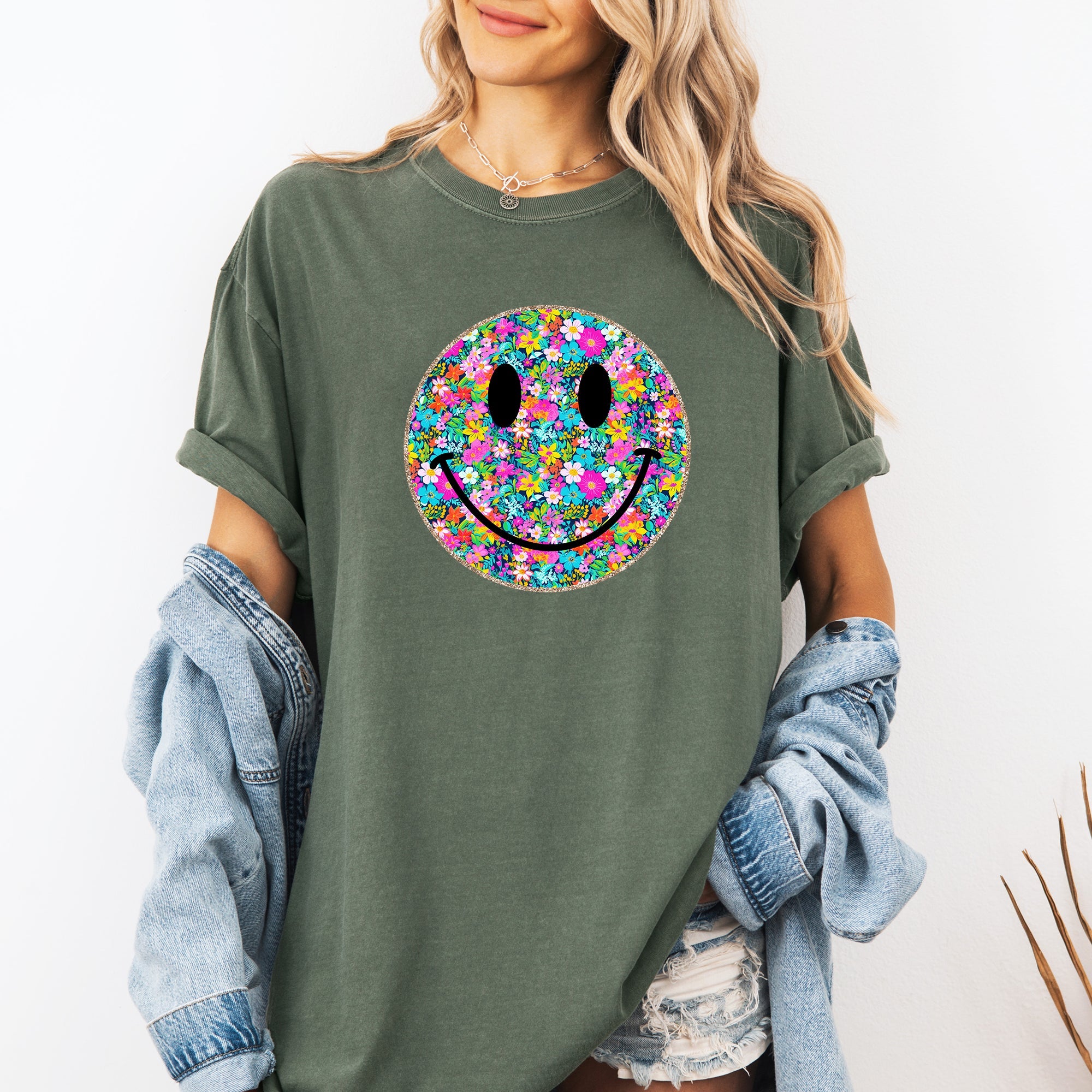 Floral Smiley Face Retro Summer Flowers Vintage Sunshine Haze Graphic Comfort Colors Tee