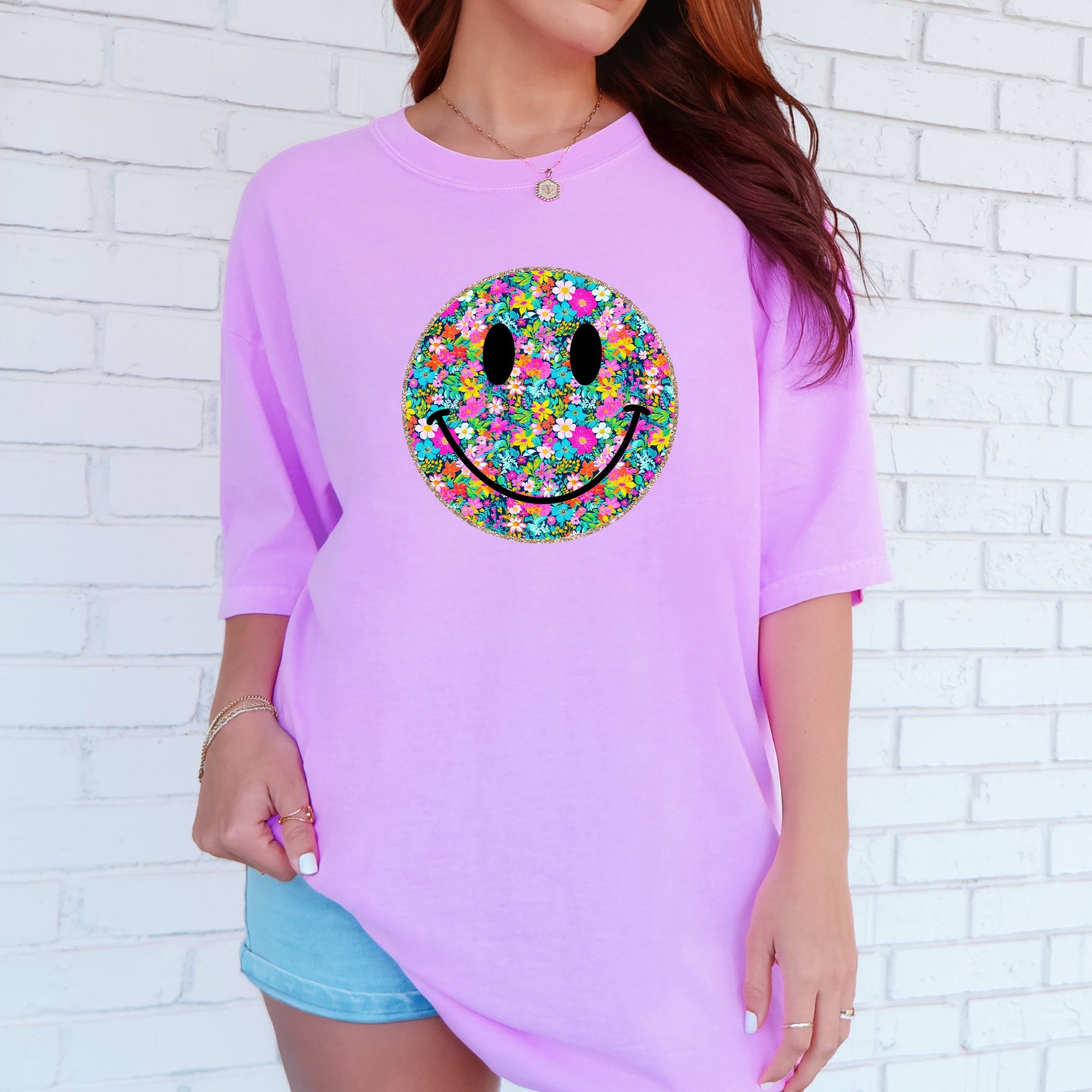Floral Smiley Face Retro Summer Flowers Vintage Sunshine Haze Graphic Comfort Colors Tee