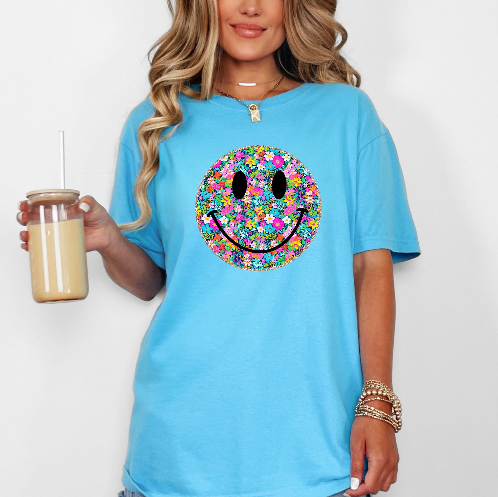 Floral Smiley Face Retro Summer Flowers Vintage Sunshine Haze Graphic Comfort Colors Tee