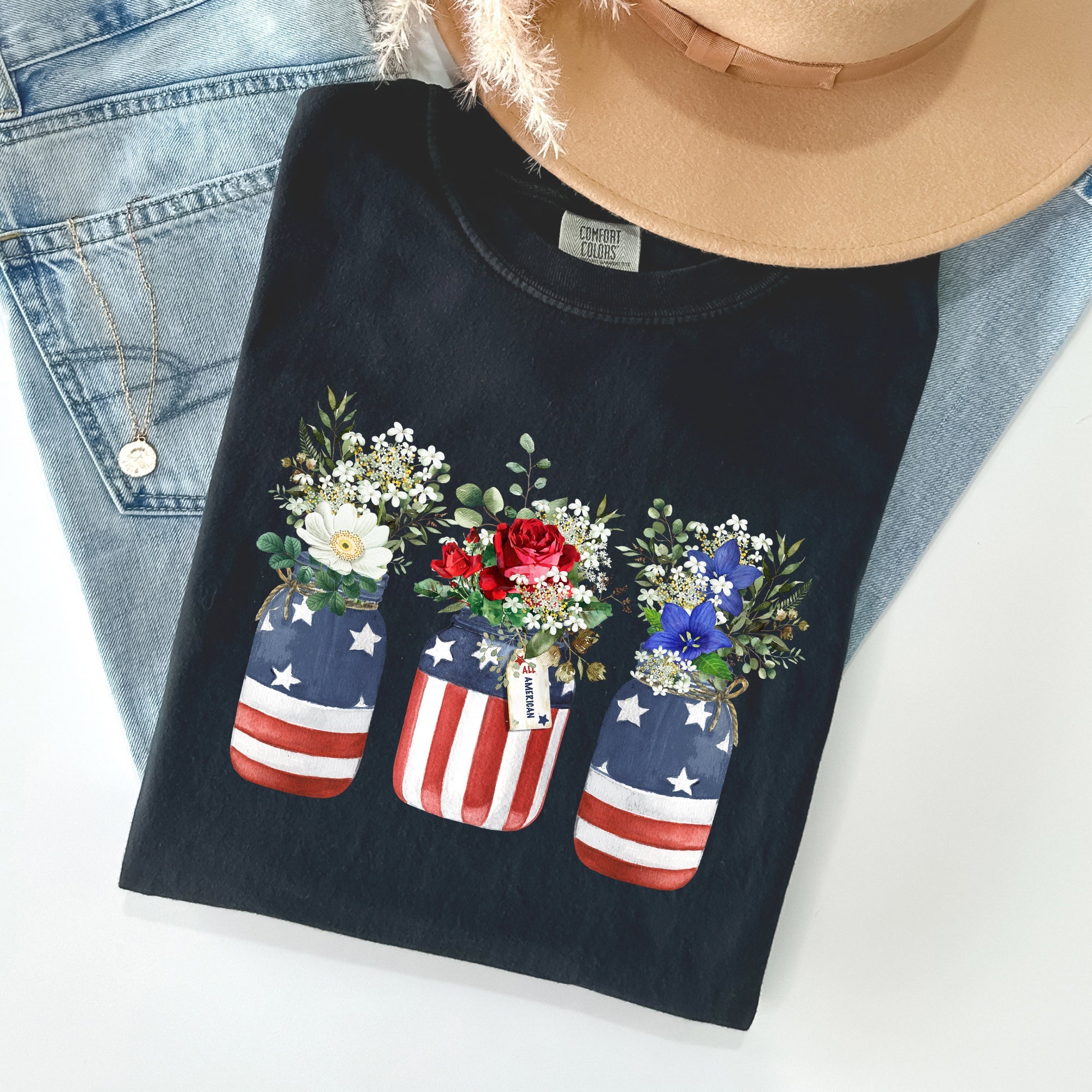 Flowers In Mason Jars All American Patriotic Floral Print Vintage Americana Heritage Comfort Colors Tee