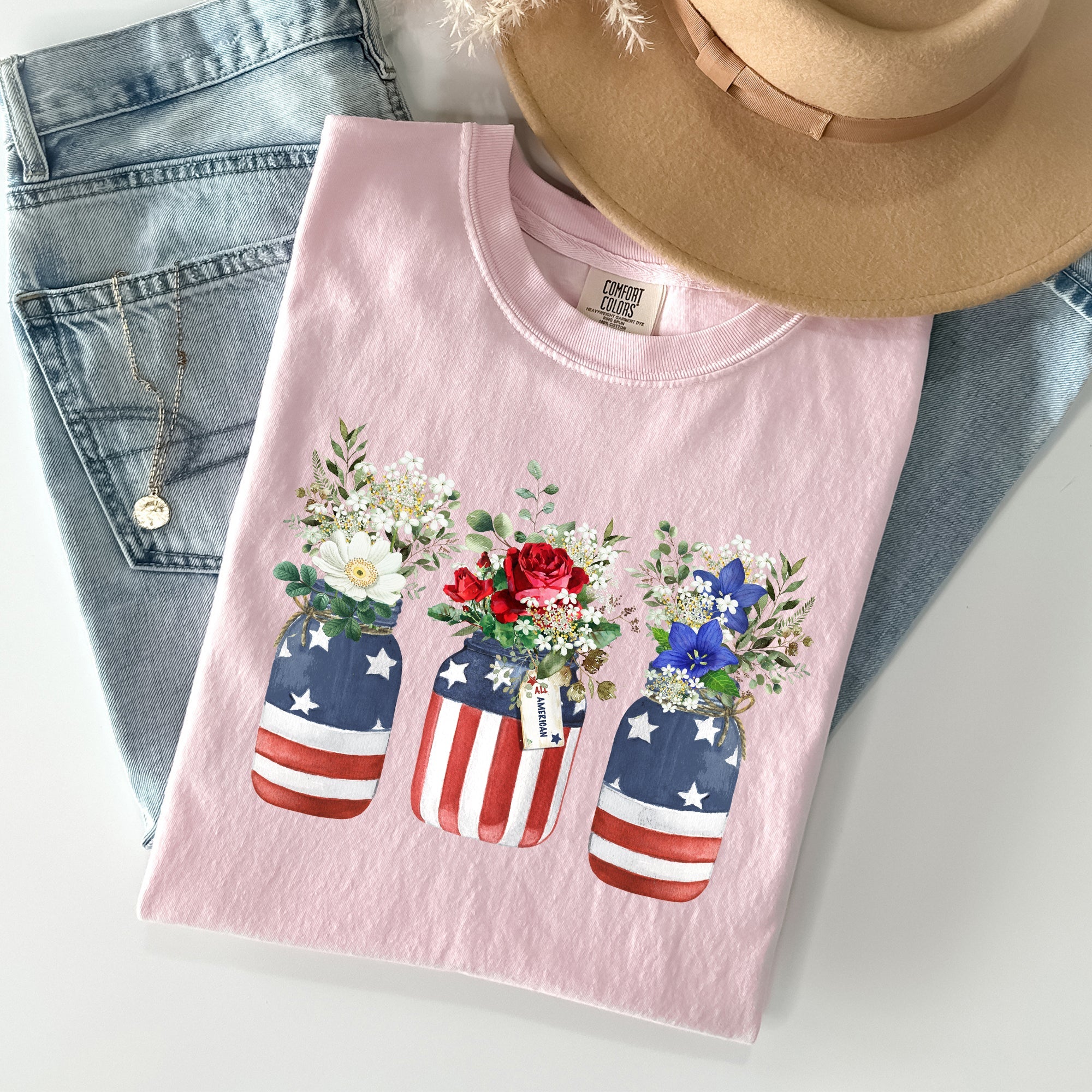 Flowers In Mason Jars All American Patriotic Floral Print Vintage Americana Heritage Comfort Colors Tee