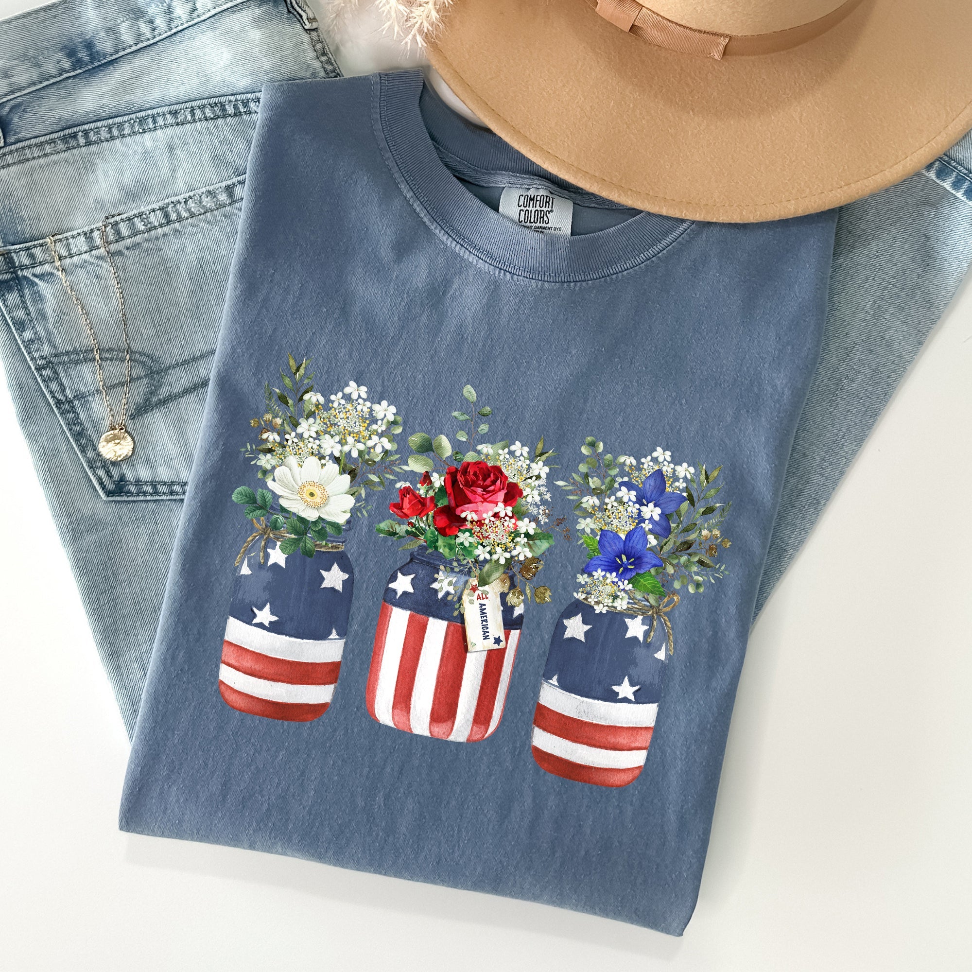 Flowers In Mason Jars All American Patriotic Floral Print Vintage Americana Heritage Comfort Colors Tee