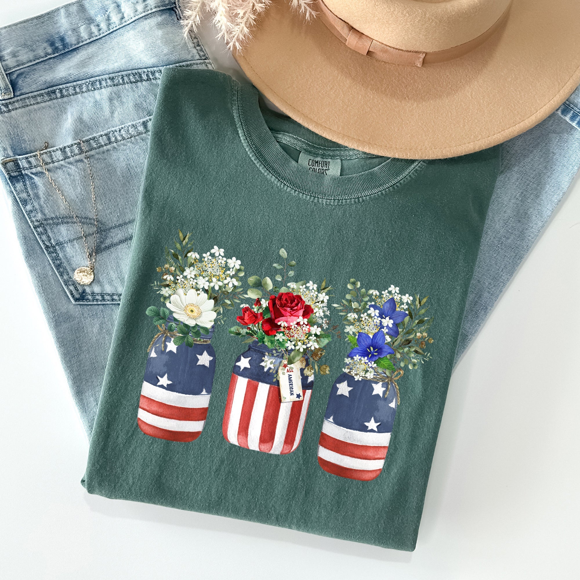 Flowers In Mason Jars All American Patriotic Floral Print Vintage Americana Heritage Comfort Colors Tee