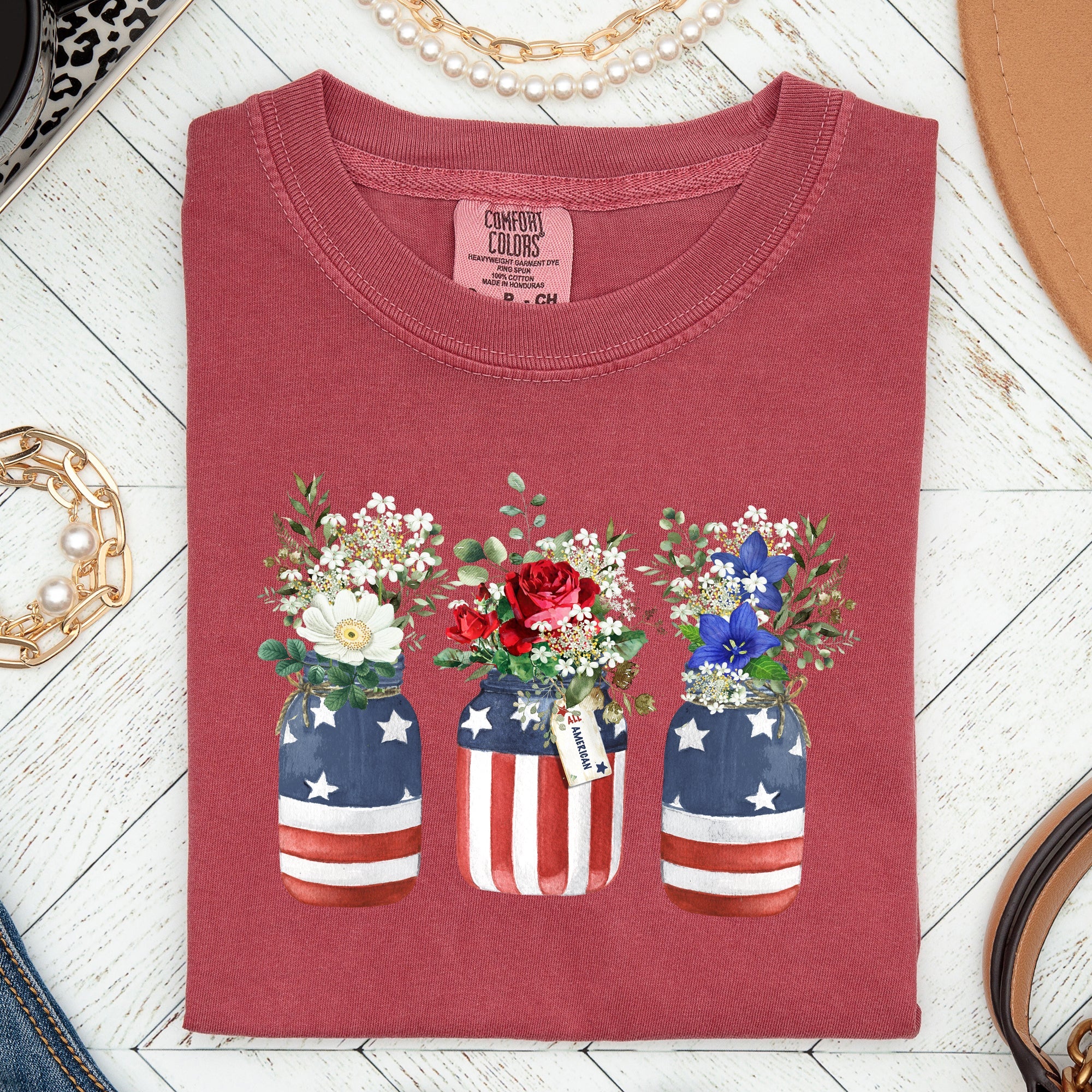 Flowers In Mason Jars All American Patriotic Floral Print Vintage Americana Heritage Comfort Colors Tee