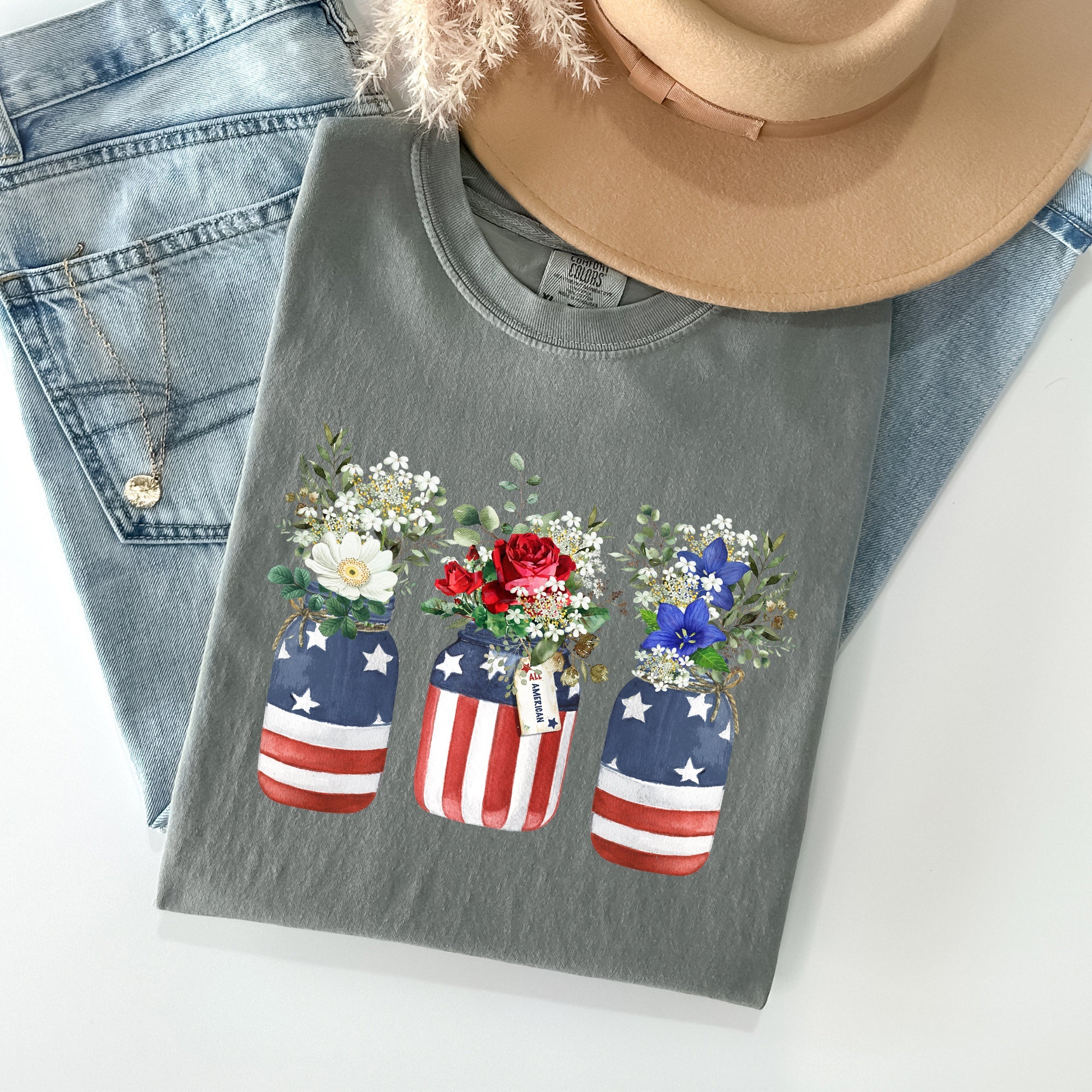 Flowers In Mason Jars All American Patriotic Floral Print Vintage Americana Heritage Comfort Colors Tee