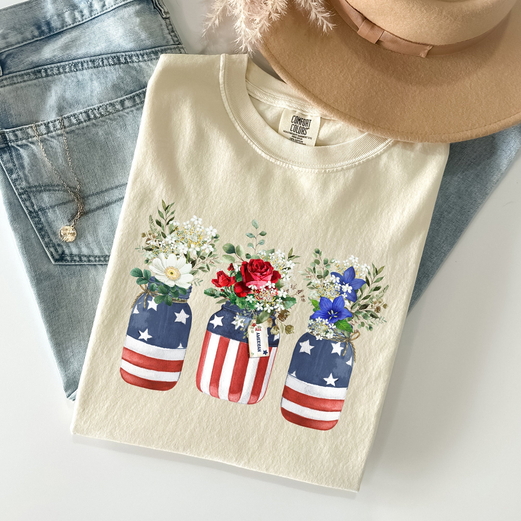 Flowers In Mason Jars All American Patriotic Floral Print Vintage Americana Heritage Comfort Colors Tee
