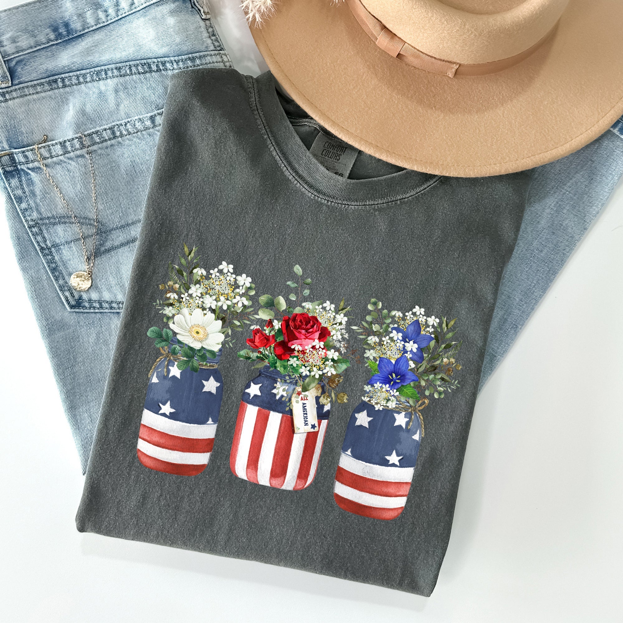 Flowers In Mason Jars All American Patriotic Floral Print Vintage Americana Heritage Comfort Colors Tee