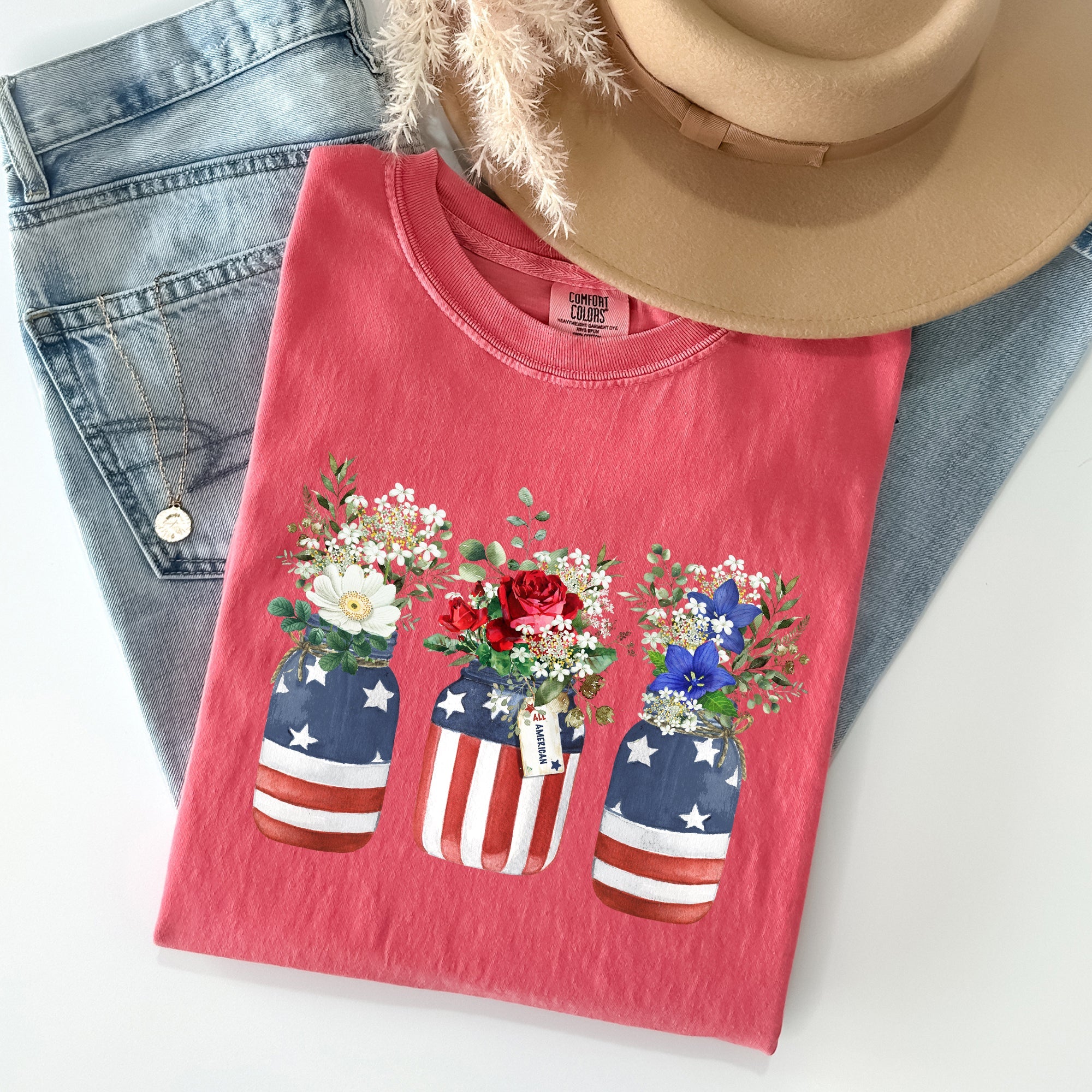 Flowers In Mason Jars All American Patriotic Floral Print Vintage Americana Heritage Comfort Colors Tee