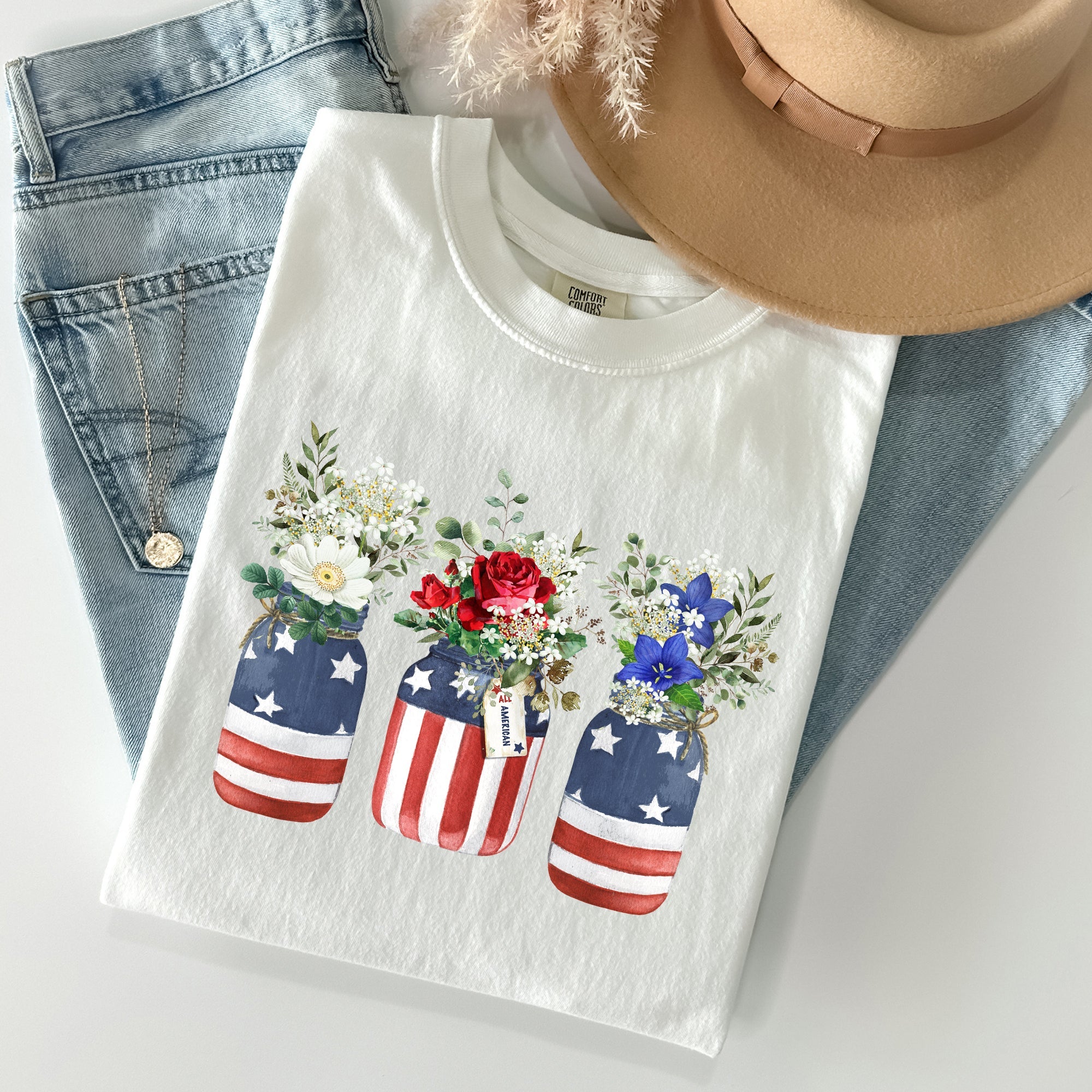 Flowers In Mason Jars All American Patriotic Floral Print Vintage Americana Heritage Comfort Colors Tee