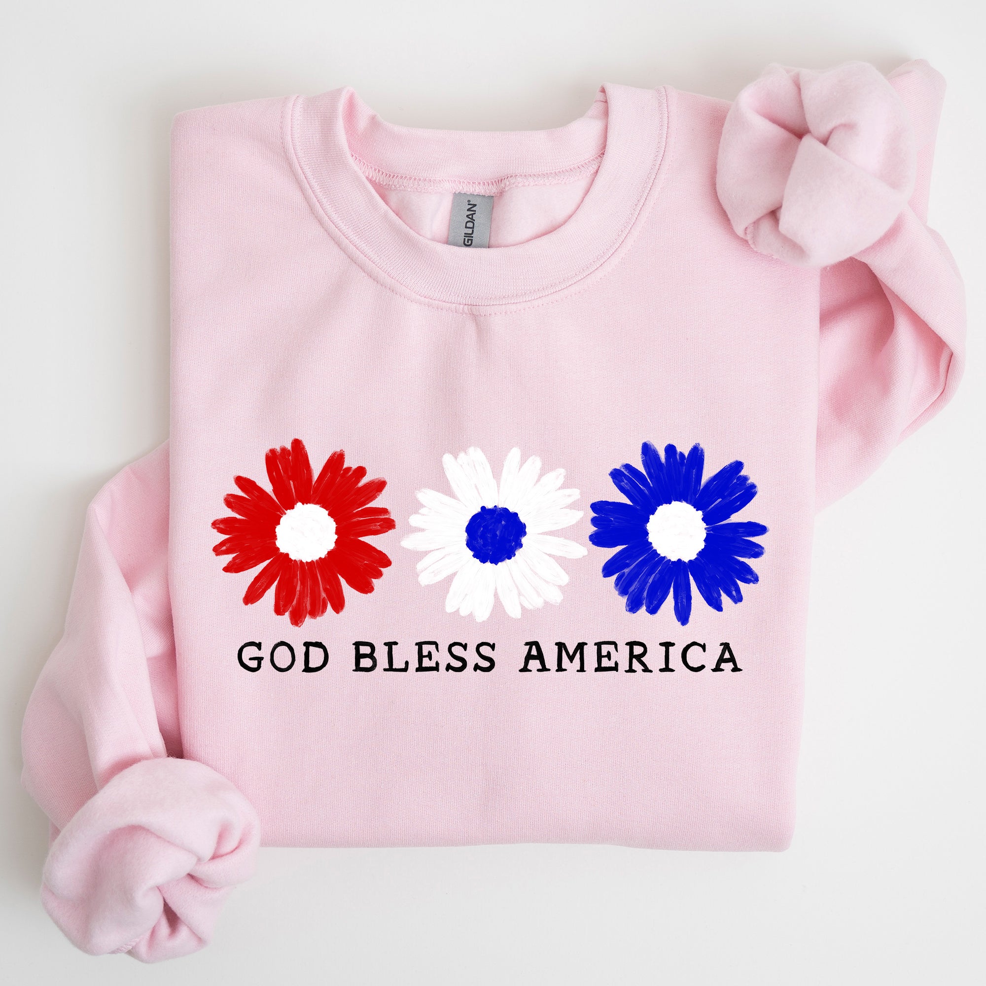 Flowers, God Bless America, Red White Blue Floral Patriotic Art Print Sweatshirt