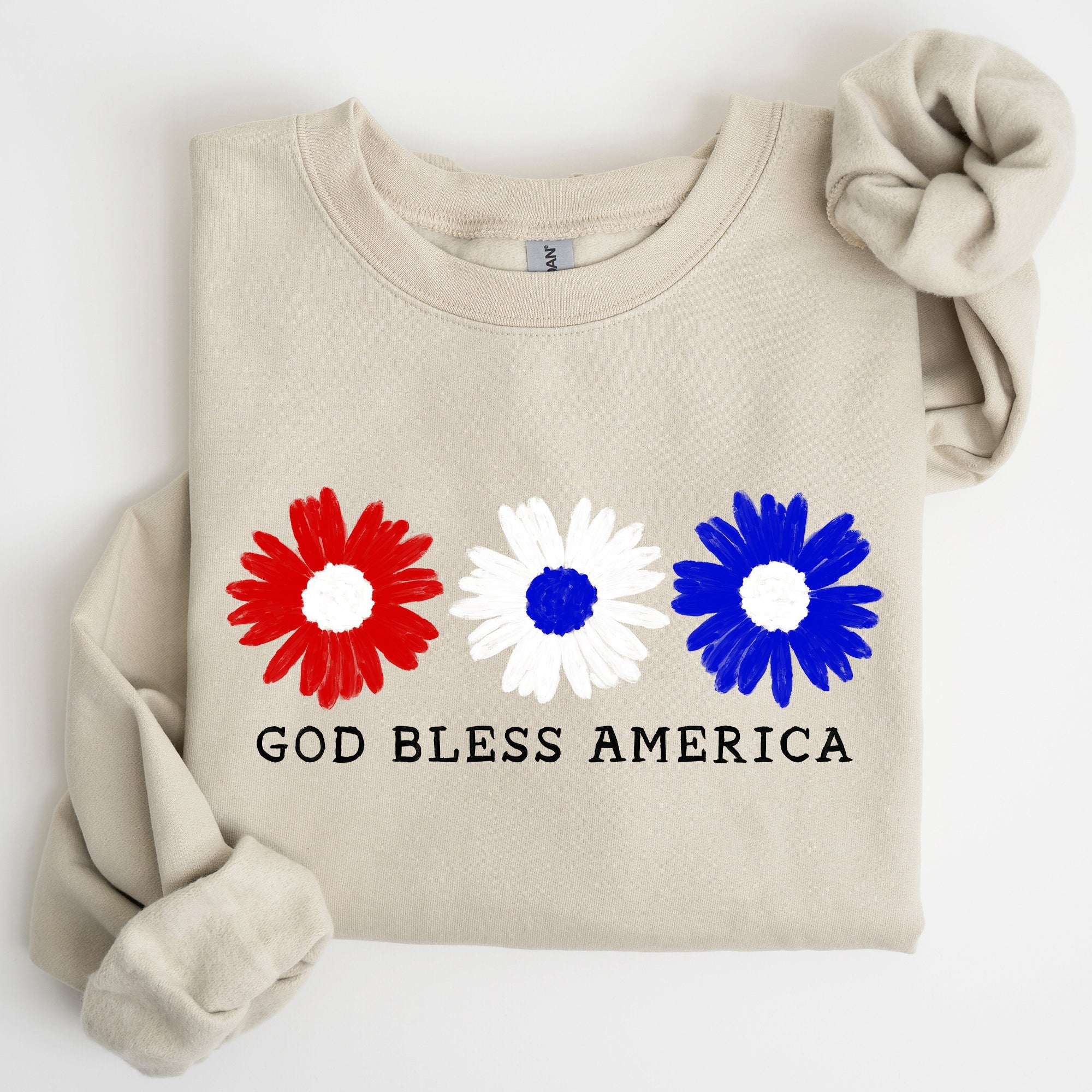 Flowers, God Bless America, Red White Blue Floral Patriotic Art Print Sweatshirt