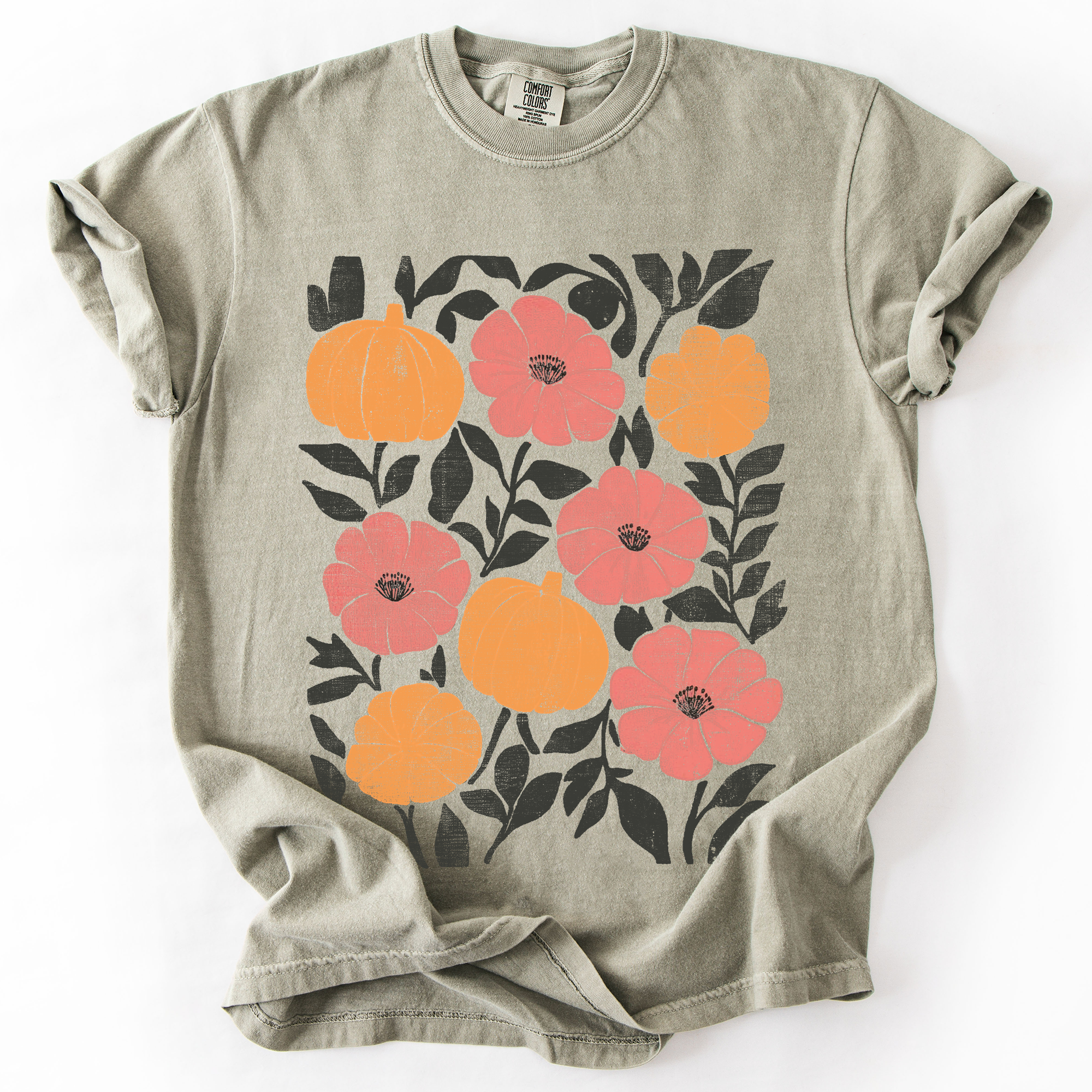 Flowers and Pumpkins Watercolor Halloween Autumn Floral Design Comfort Colors Tee