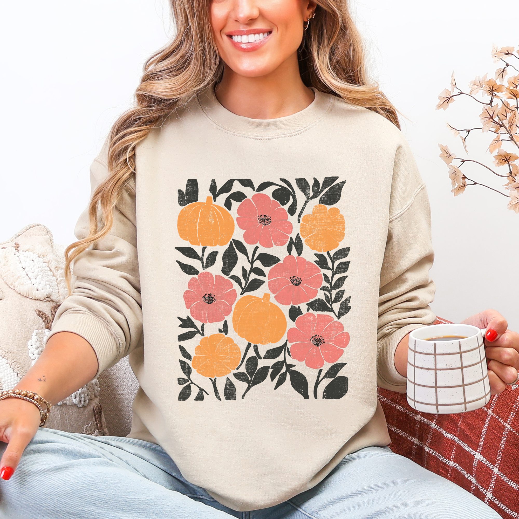 Vivid Watercolor Flowers And Pumpkins Autumn Halloween Garden Scene Artwork Print Sweatshirt